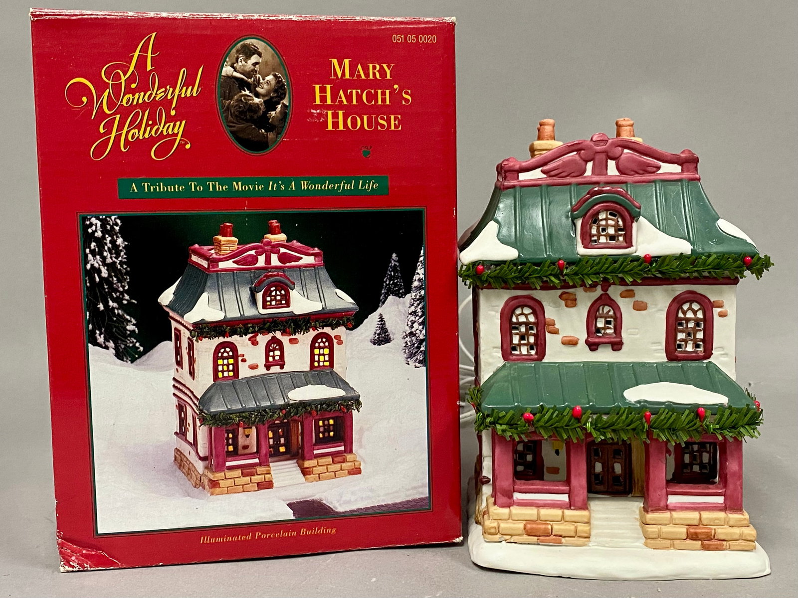 Mary Hatch's House It's A Wonderful Life Porcelain Building: This illuminated porcelain building is titled Mary Hatch's House and belongs to the A Wonderful Holiday Collection, created as a tribute to the film It's A Wonderful Life. The house is designed with