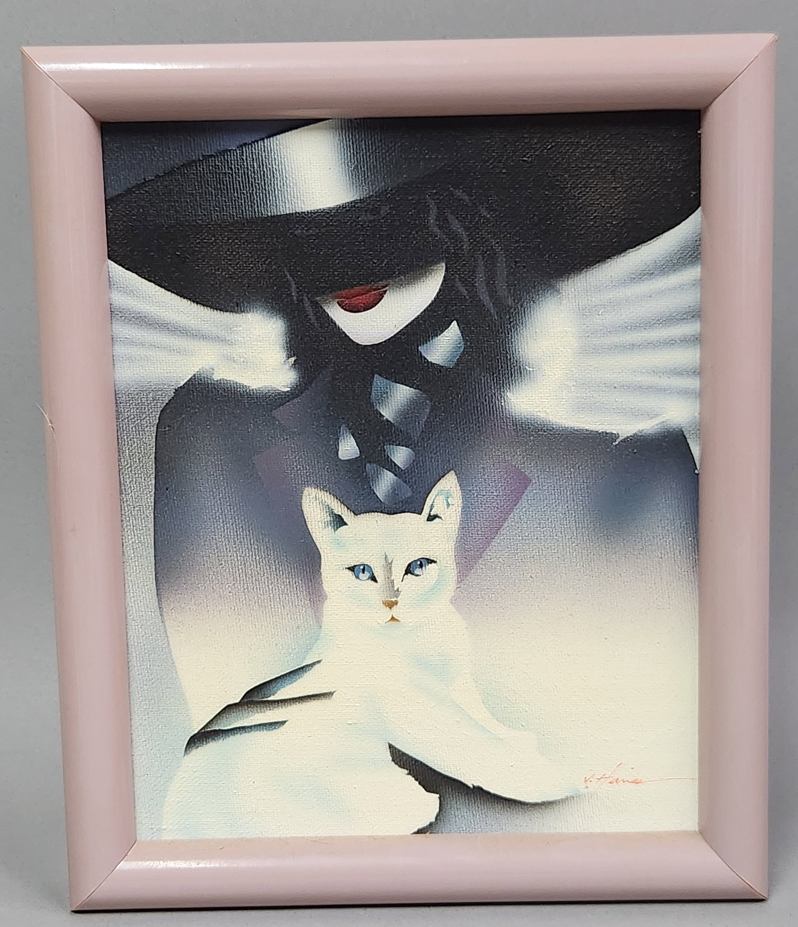 V. Lane Stylized Woman & Cat Acrylic on Canvas: This stylized acrylic painting on canvas is by the artist V. Lane, rendered in a late 20th-century illustrative style characteristic of the 1980s Art Deco revival. 12.5 x 10.5 inches. The artwork is i