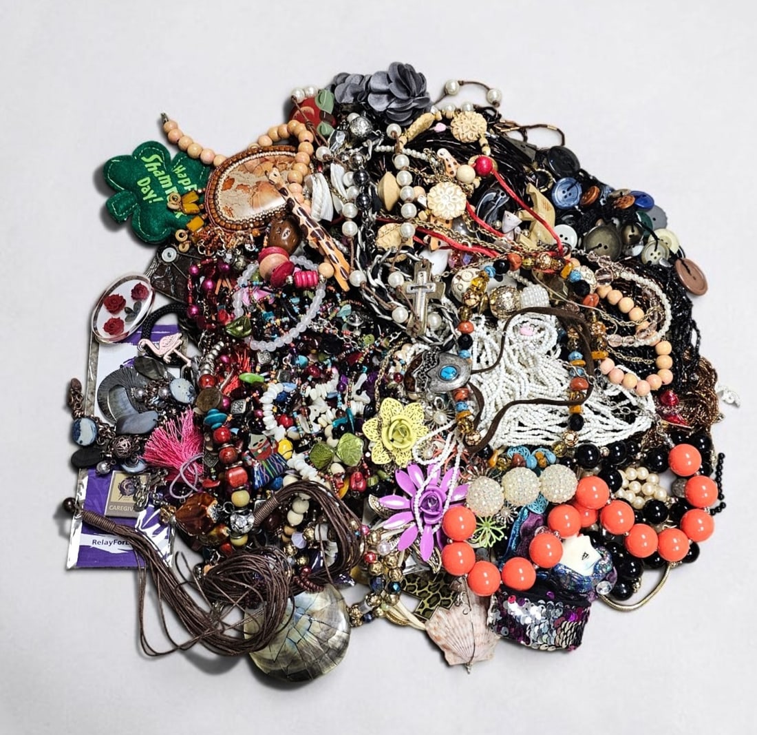 Costume Jewelry Grab Bag 6lbs+: A large and diverse collection of mixed costume jewelry and jewelry craft components. Great for resellers and crafters. Items not inspected.