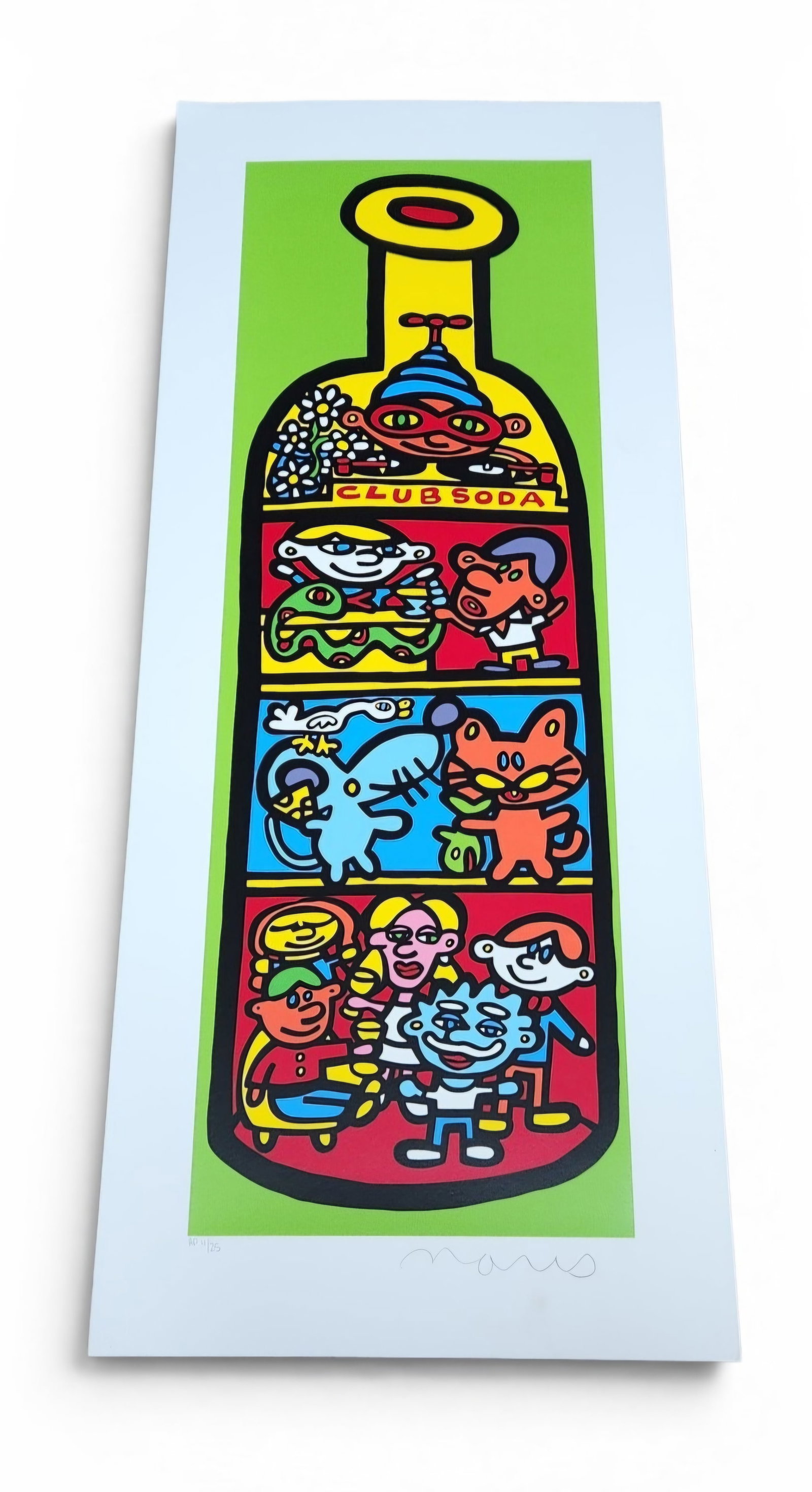 Peter Marco Club Soda Screen Print Artist Proof: Peter Marco, Club Soda, Screen Print Artist Proof. This vertical screenprint on paper features a stylized bottle composition in a pop-art aesthetic. The work is an artist proof, inscribed AP 4/25 in p