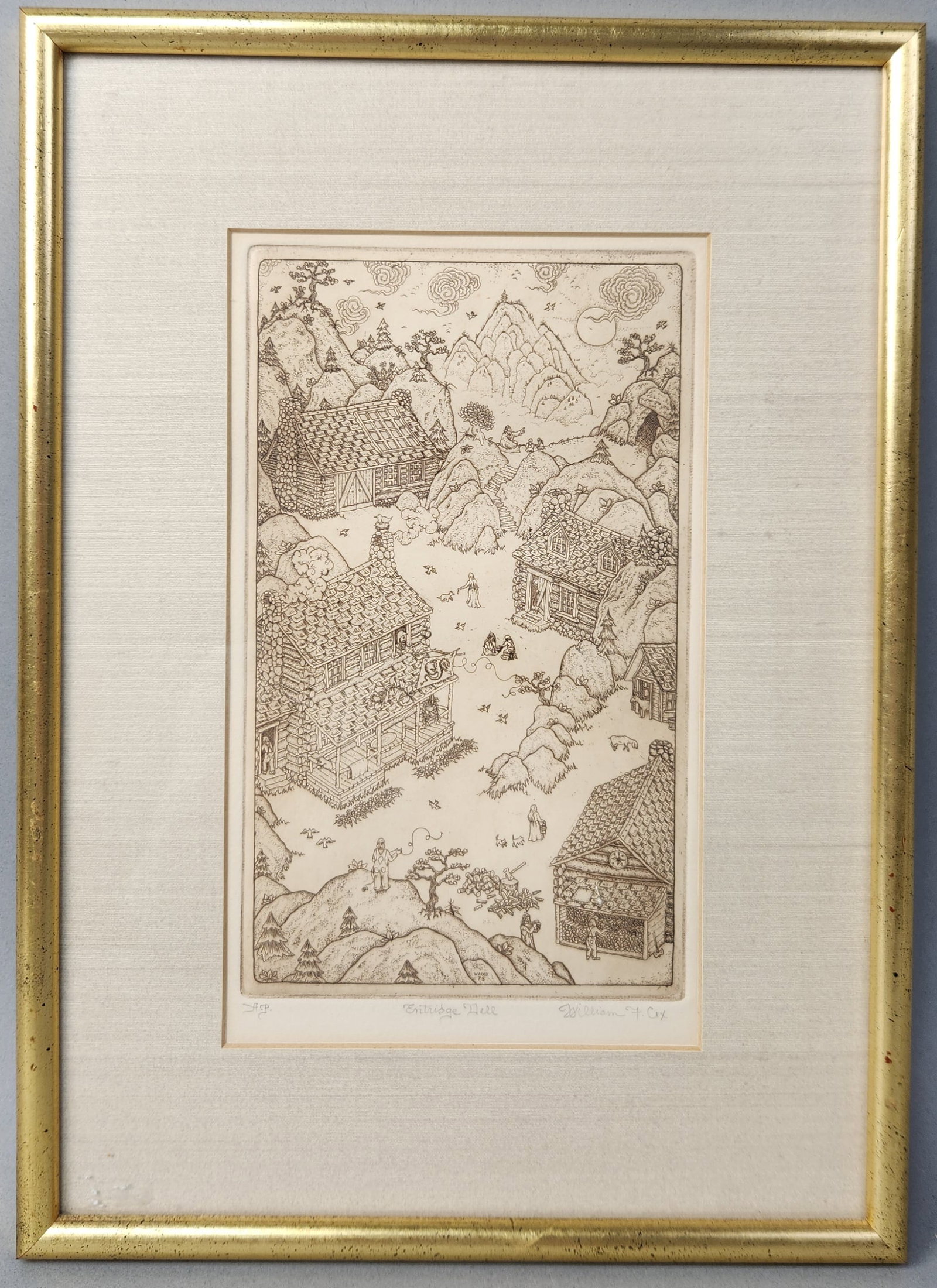 William F. Cox Entridge Dell Artist Proof Etching: This is an original intaglio etching titled Entridge Dell by artist William F. Cox, dated 1975. The work is designated as an A.P. (Artist Proof) in the lower left margin. Frame: 14.5 x 10.5 inches Pla