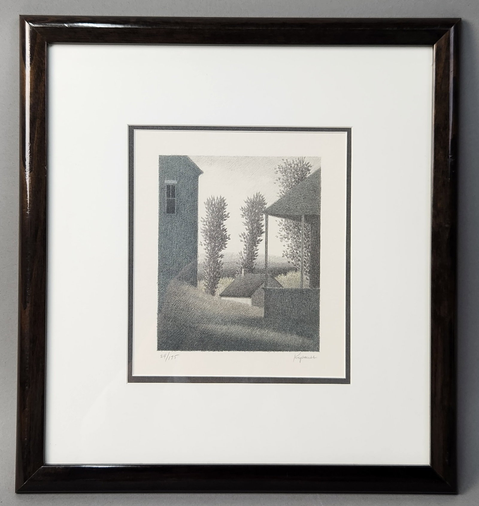 Robert Kipniss Landscape Lithograph: This color lithograph is by the American artist Robert Kipniss (b. 1931). The print is hand-signed in pencil "Kipniss" in the lower right margin and numbered "24/175" in the lower left margin. Frame: 
