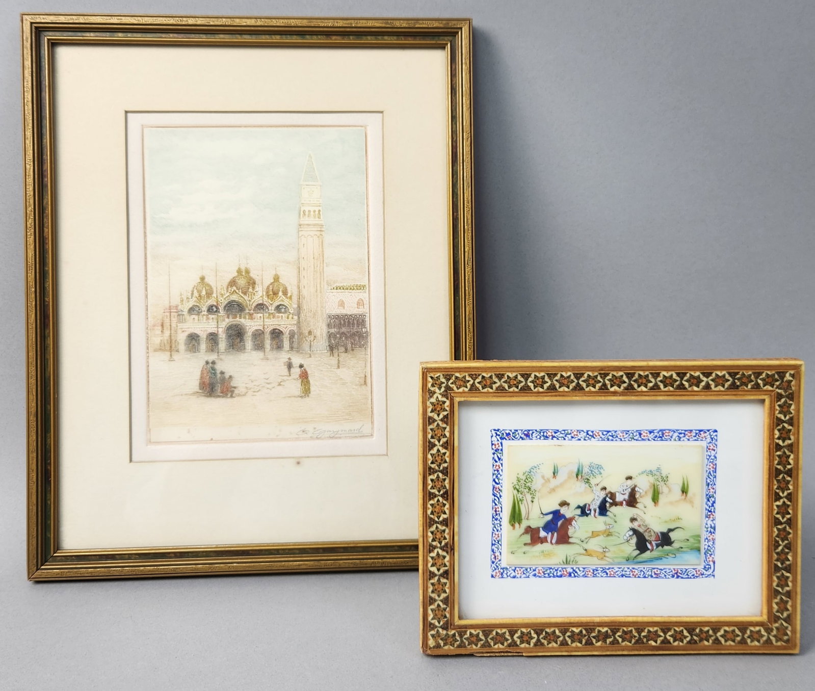 Venice Etching & Persian Miniature Painting: This lot consists of two framed artworks. The first is a hand-colored etching on paper by C. Gaymard, depicting a view of Piazza San Marco in Venice. The composition features St. Mark's Basilica and t