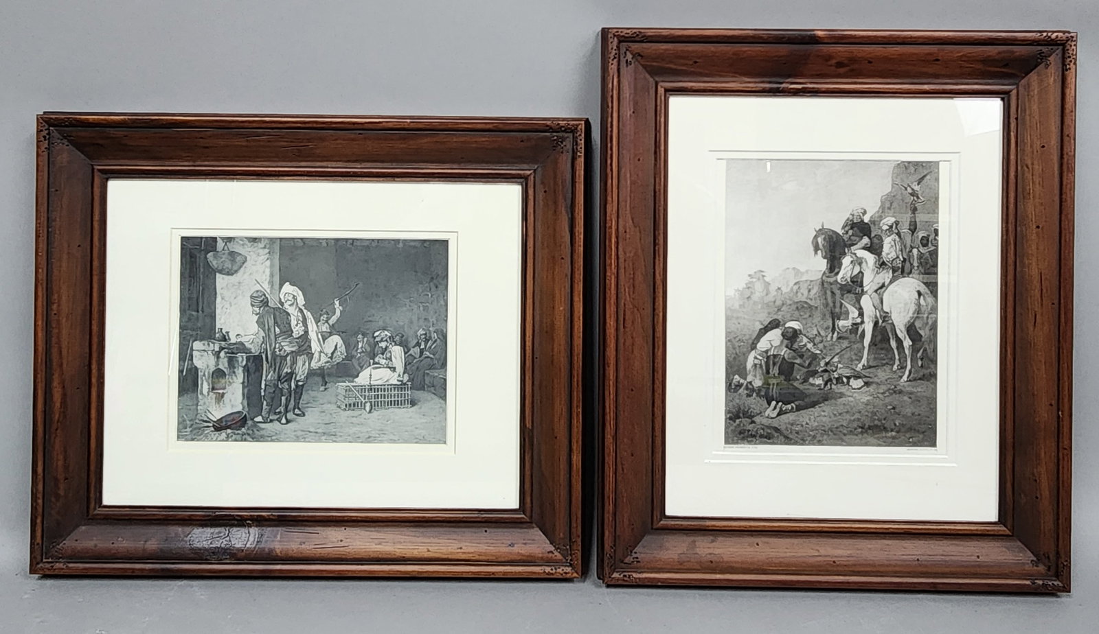 19th Century Goupil Photogravures: This pair of late 19th-century photogravures, printed by the renowned firm Goupil and Cie of Paris, showcases classic examples of French Orientalist imagery. The first print, formatted horizontally, i