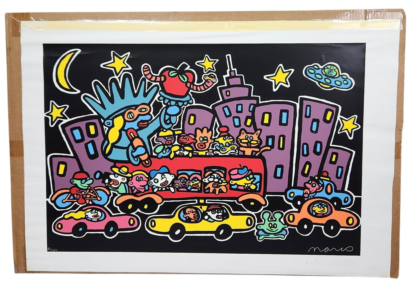 Peter Marco NYC at Night Screen Print: This limited edition screenprint by Peter Marco depicts a whimsical nocturnal scene of New York City. It is hand-signed in silver ink as mario in the lower right corner and numbered II/LXV in the lowe