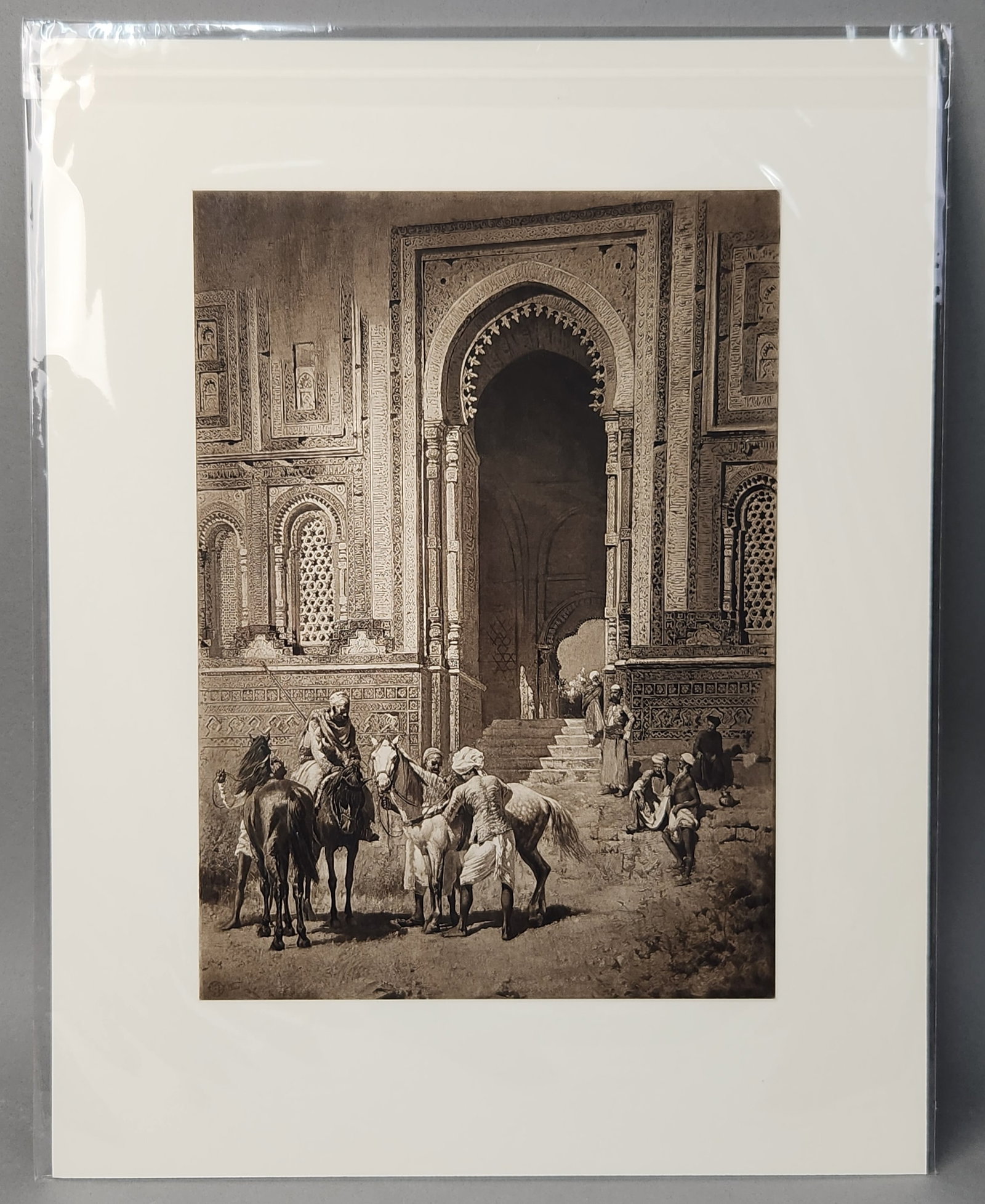 Edwin Lord Weeks Horsemen Photogravure: This late 19th-century sepia-toned photogravure, titled East Indian Horsemen, is after a painting by the prominent American Orientalist Edwin Lord Weeks (1849-1903). According to the documentation on 