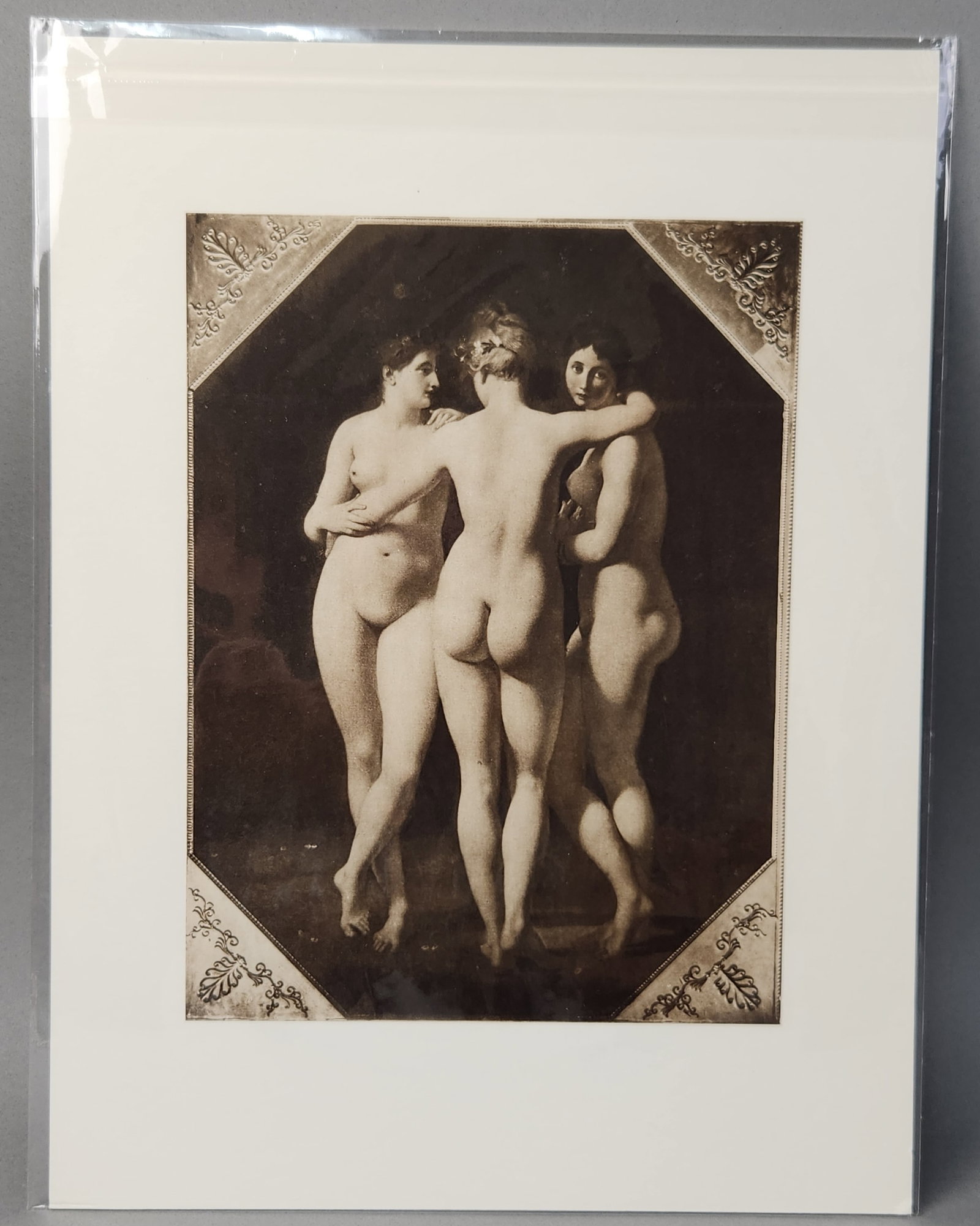 1952 Copperplate Gravure The Three Graces: This is a monochrome copperplate sheet-fed gravure printed in 1952 by Les Presses D'Helio-cachan in France. The image is a photographic reproduction of the neoclassical painting The Three Graces, orig