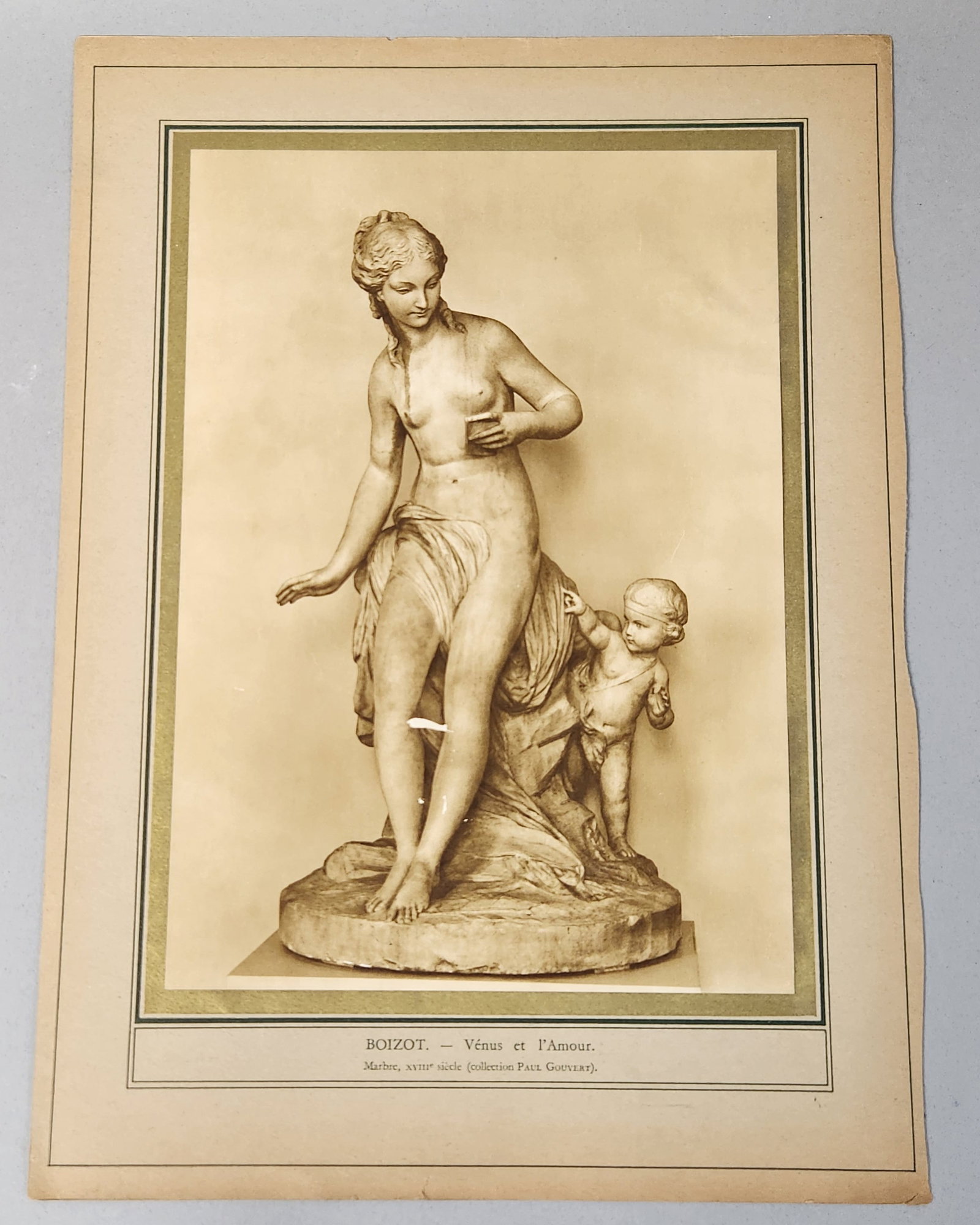 Two-Sided Art Reproduction Plates: This lot features a two-sided early 20th-century reproduction prints on heavy cream-colored cardstock. The first print is a reproduction of a marble sculpture after Louis-Simon Boizot titled Venus et 