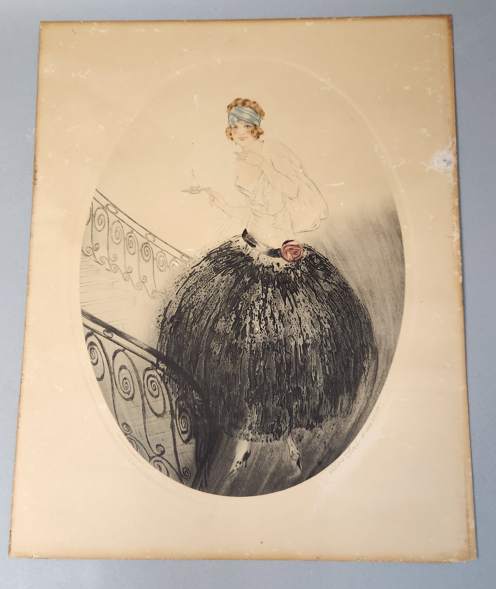 Jean Gilles Bon Soir Art Deco Lithograph: This vintage lithograph by artist Jean Gilles is titled Bon Soir and depicts an Art Deco boudoir scene. Legible markings include the title in cursive and the printed attribution BY JEAN GILLES at the 