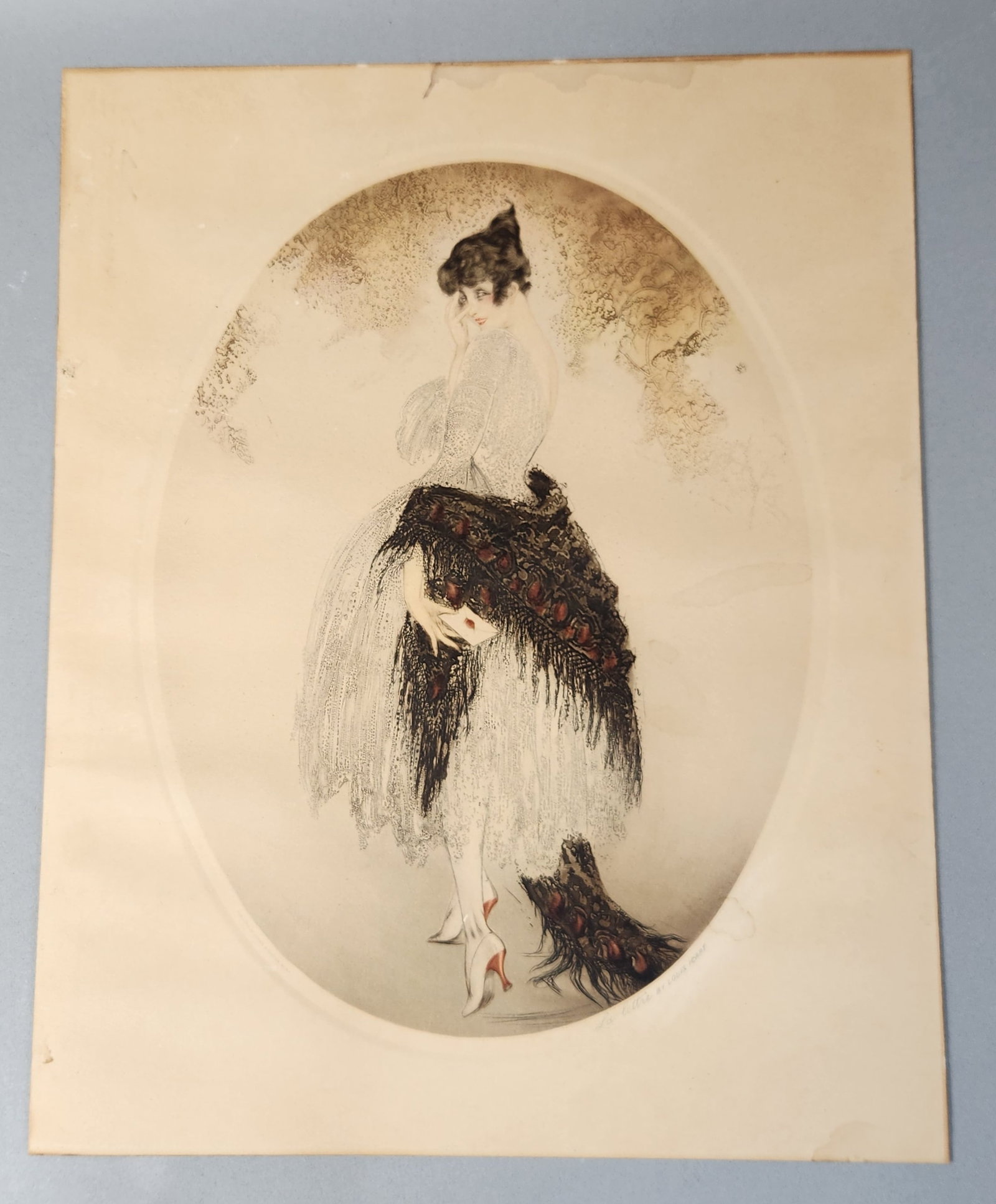 Louis Icart La Lettre Color Etching & Aquatint: This work by Louis Icart (French, 1888-1950) is a color etching with drypoint and aquatint titled La Lettre. The lower right margin features a pencil inscription that reads La lettre BY LOUIS ICART. P