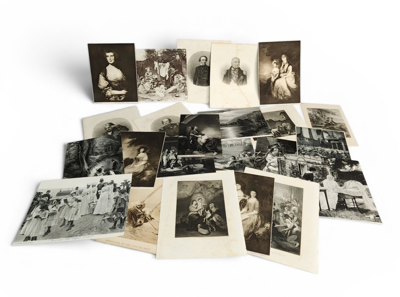 19th-Century Prints & Engravings: This collection of unframed nineteenth-century prints and bookplates features a diverse range of subject matter including historical portraits, landscapes, and Victorian genre scenes. The group utiliz