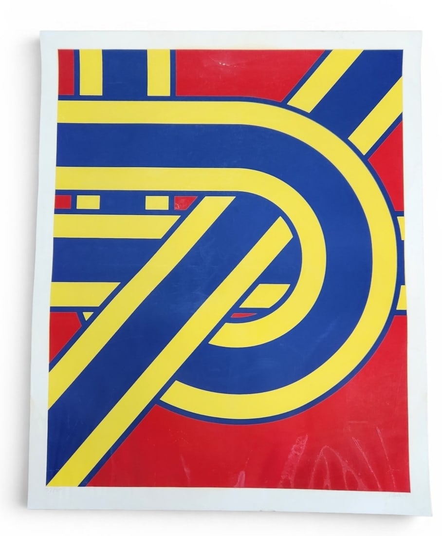 '71 Clark Abstract Geometric Print: An abstract geometric print on paper featuring a hard-edge composition of interlocking curved and linear forms. The work is executed in a primary color palette of red, blue, and yellow. The piece is