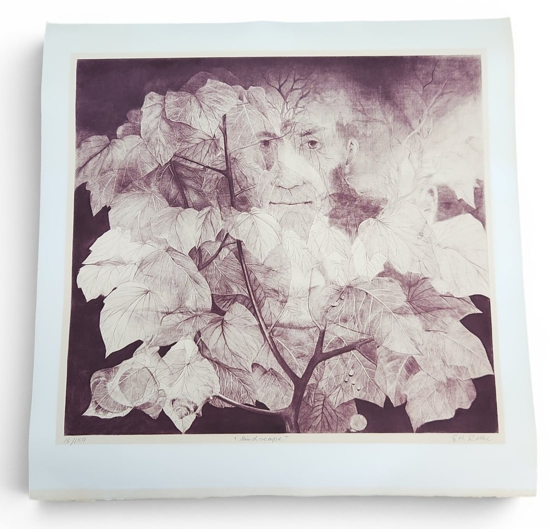 G.H. Rothe Mezzotint Print Mindscape: A monochromatic mezzotint print titled Mindscape by G.H. Rothe, hand-signed and numbered 16/150, measuring approximately 31 by 30 inches. Can be rolled for shipping. Very good condition.