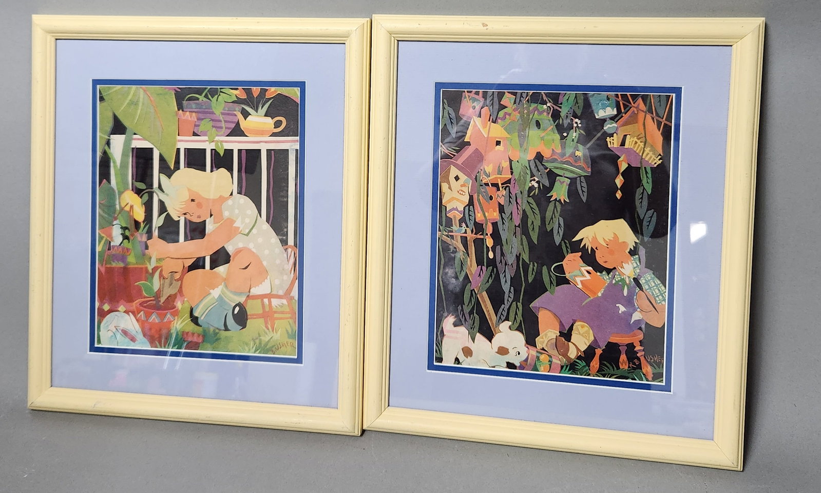 Robert Usher Framed Prints: This pair of color prints features stylized domestic scenes of children in a mid-20th-century American illustration aesthetic. The works are signed in the plate; the gardening scene is signed B.