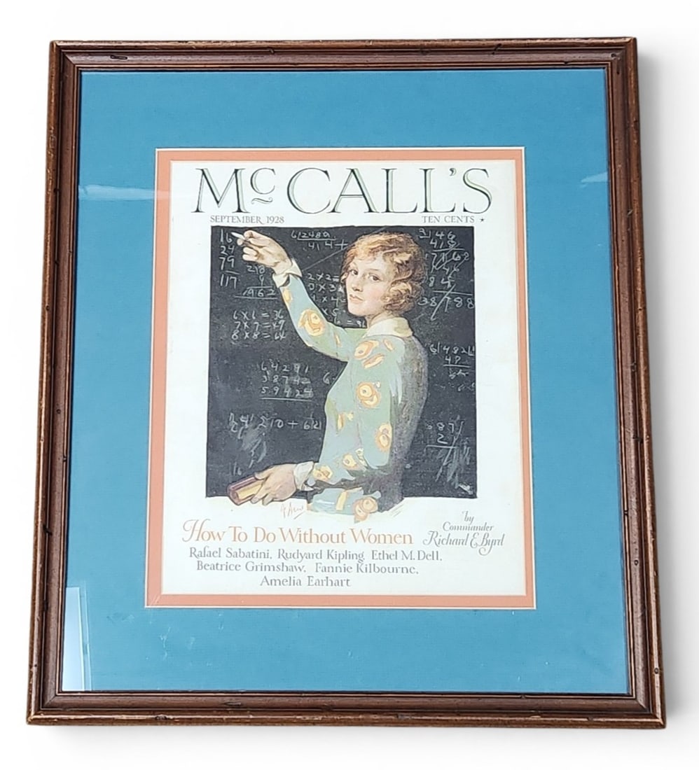 September 1928 McCalls Magazine Cover: This is a framed original cover from the September 1928 issue of McCalls magazine. The cover displays a price of Ten Cents. 22 inches H x 19 inches W. The magazine cover shows light toning and minor