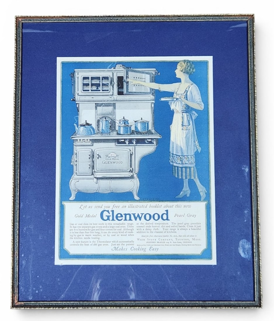 1920s Glenwood Ranges Ad Edward Mason Eggleston: A framed vintage promotional color print advertisement for Glenwood ranges, produced for the Weir Stove Company of Taunton, Massachusetts. The illustration is signed in the plate by Edward Mason