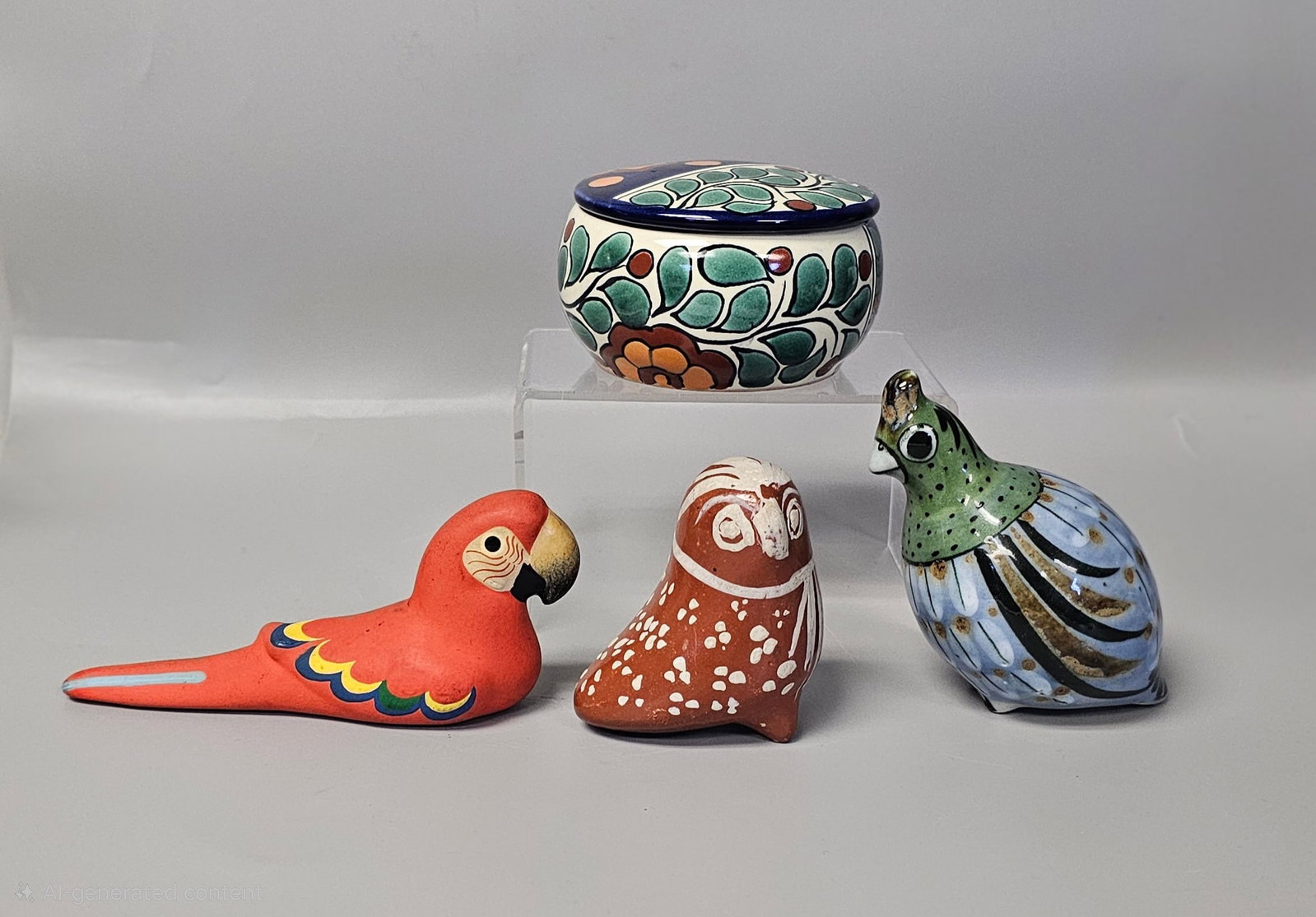 Mexican & Costa Rican Folk Art: This group contains four hand-painted ceramic items including three bird figurines and one small lidded storage vessel. Owl: 2.5 inches height Quail: 3.5 inches height Parrot: 5.5 inches length, 2.5 i