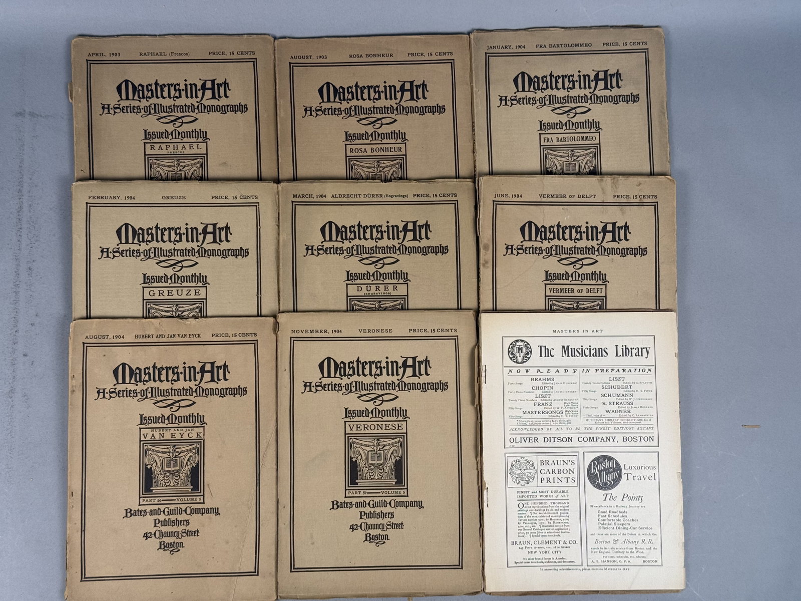 Masters in Art: A Series of Illustrated Monographs: A collection of eight vintage issues of Masters in Art: A Series of Illustrated Monographs, published monthly by the Bates and Guild Company at 42 Chauncy Street, Boston. This set includes Part 40