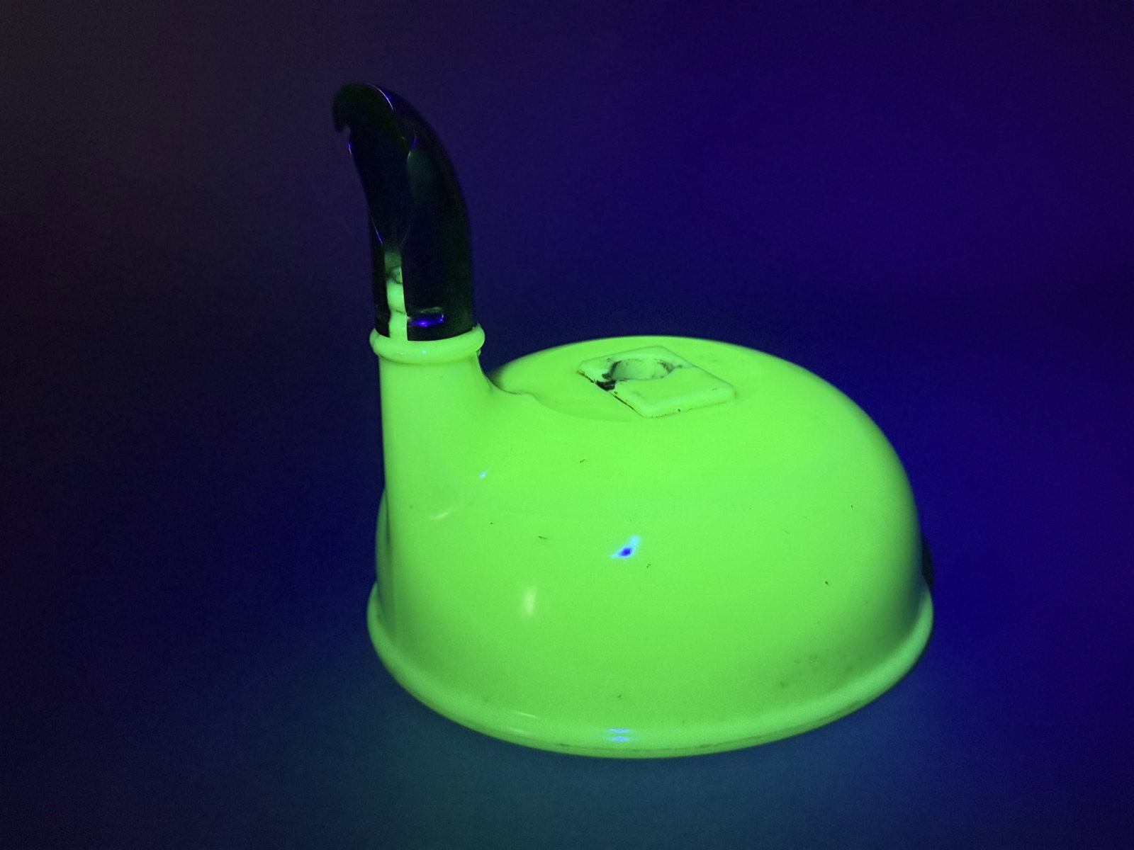 Vintage Uranium Jadeite Glass Juicer Attachment Bowl: This is a vintage pressed glass juicer attachment bowl, attributed to Sunbeam for use with the Mixmaster stand mixer. The form consists of a domed body with an integrated neck and a curved metal pouri
