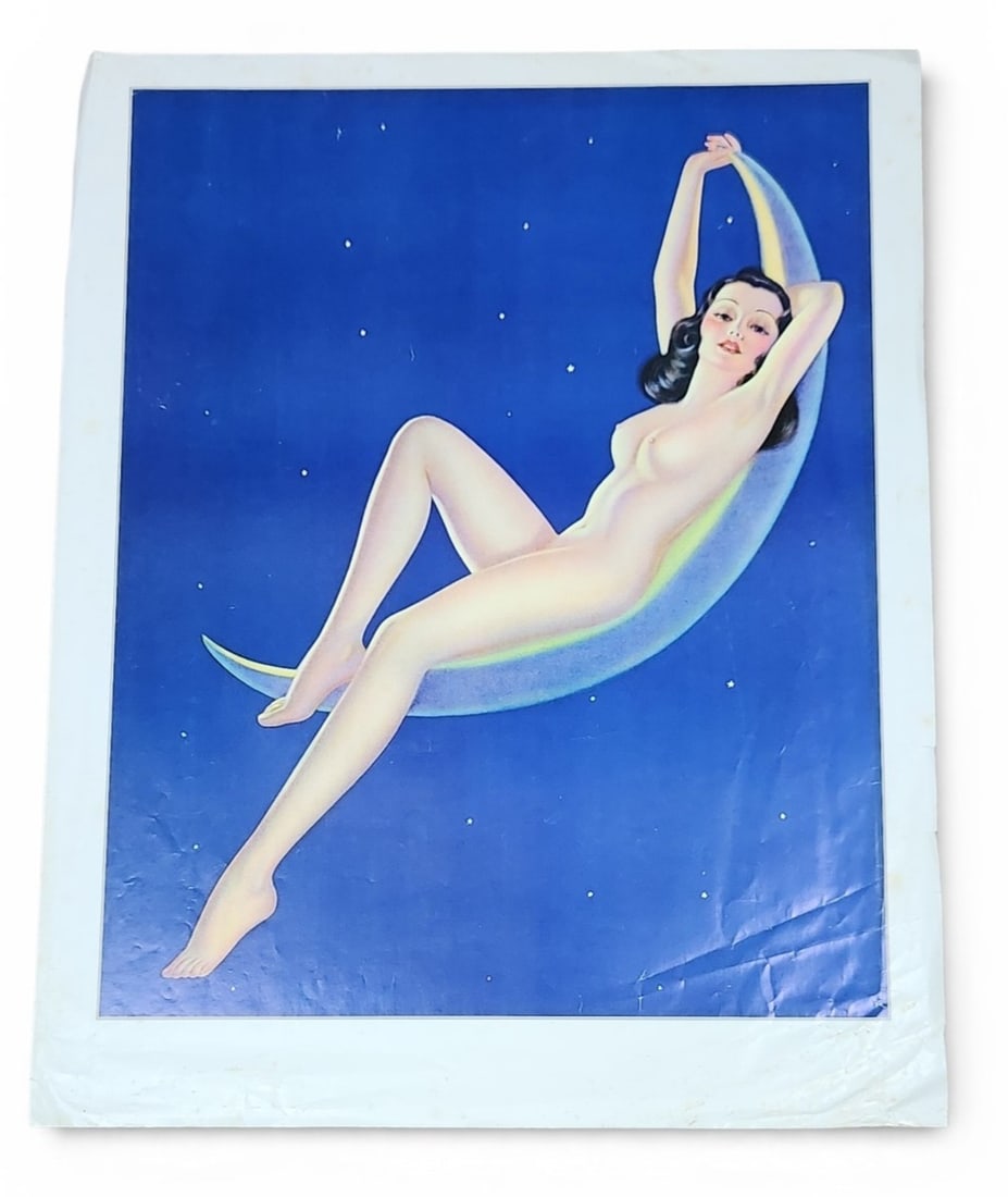 Pin-Up Nude On A Crescent Moon: This vintage large-format art print features a classic mid-century pin-up illustration of a nude female figure. The figure is depicted reclining on a crescent moon within a deep blue sky populated by 