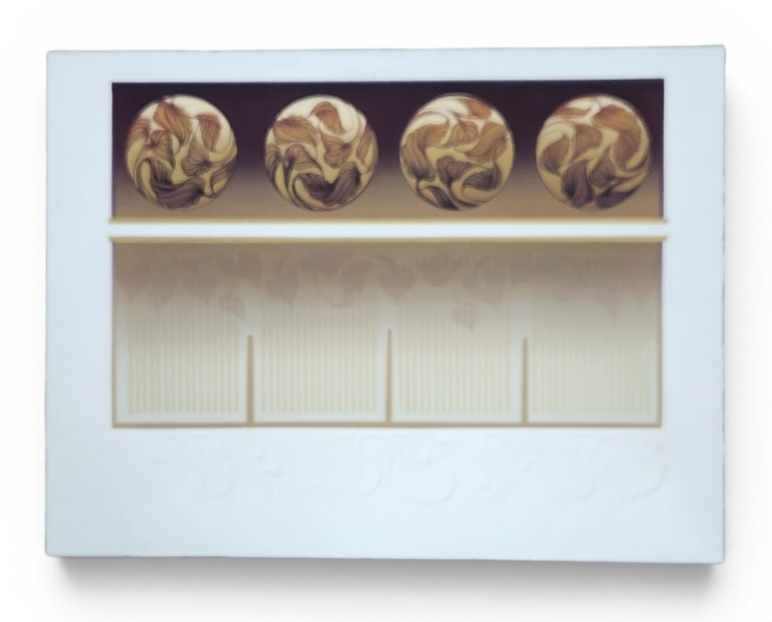 Bobbie Ameen Autumnal Cornice Screen Print: A 1986 screen print by artist Bobbie Ameen titled Autumnal Cornice. The work is hand-signed Bobbie Ameen and dated 86 in pencil in the lower-left margin, with the title Autumnal Cornice also inscribed