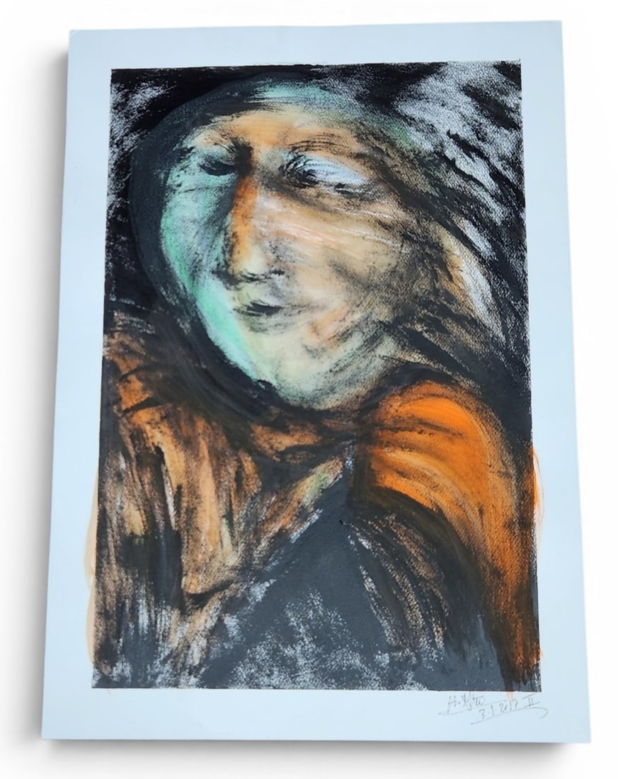 Original Expressionist Mixed Media Portrait: This original expressionist mixed media portrait on white paper features a stylized face rendered with bold, sweeping strokes. Signature is illegible. The date is inscribed as 3.1.2017 II. Dimensions: