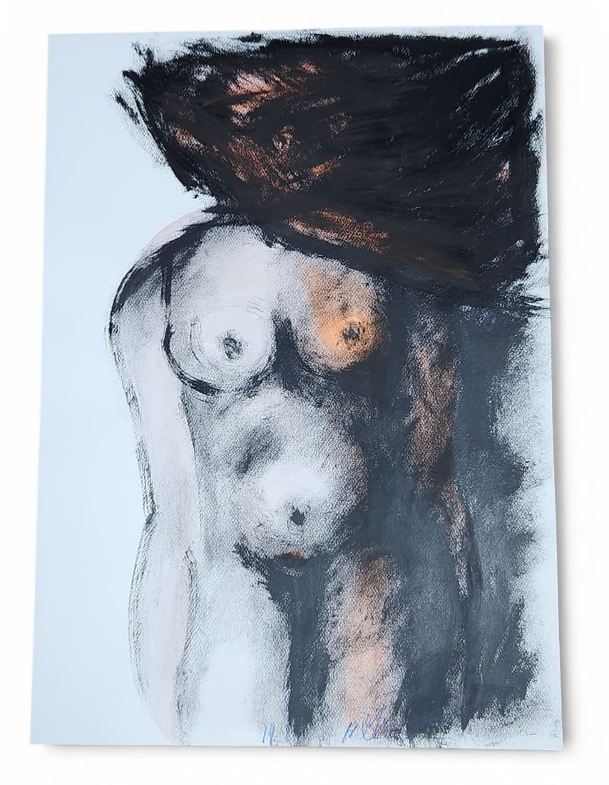 Mixed Media Nude Torso: This is a figurative drawing on white paper depicting a female nude torso. The work is executed in a mixed media of black charcoal and peach pastel. Measures 28 x 19.5 inches. Cannot be rolled for shi