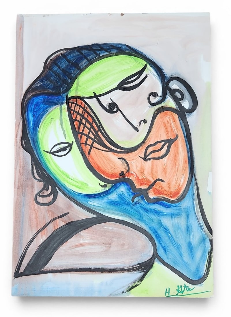 Modernist Stylized Faces Watercolor: The work features a cubist-influence. It is presented unframed and unmounted. The verso is plain white with no labels or markings. Measures 29 x 20 inches. The work is in good overall condition.