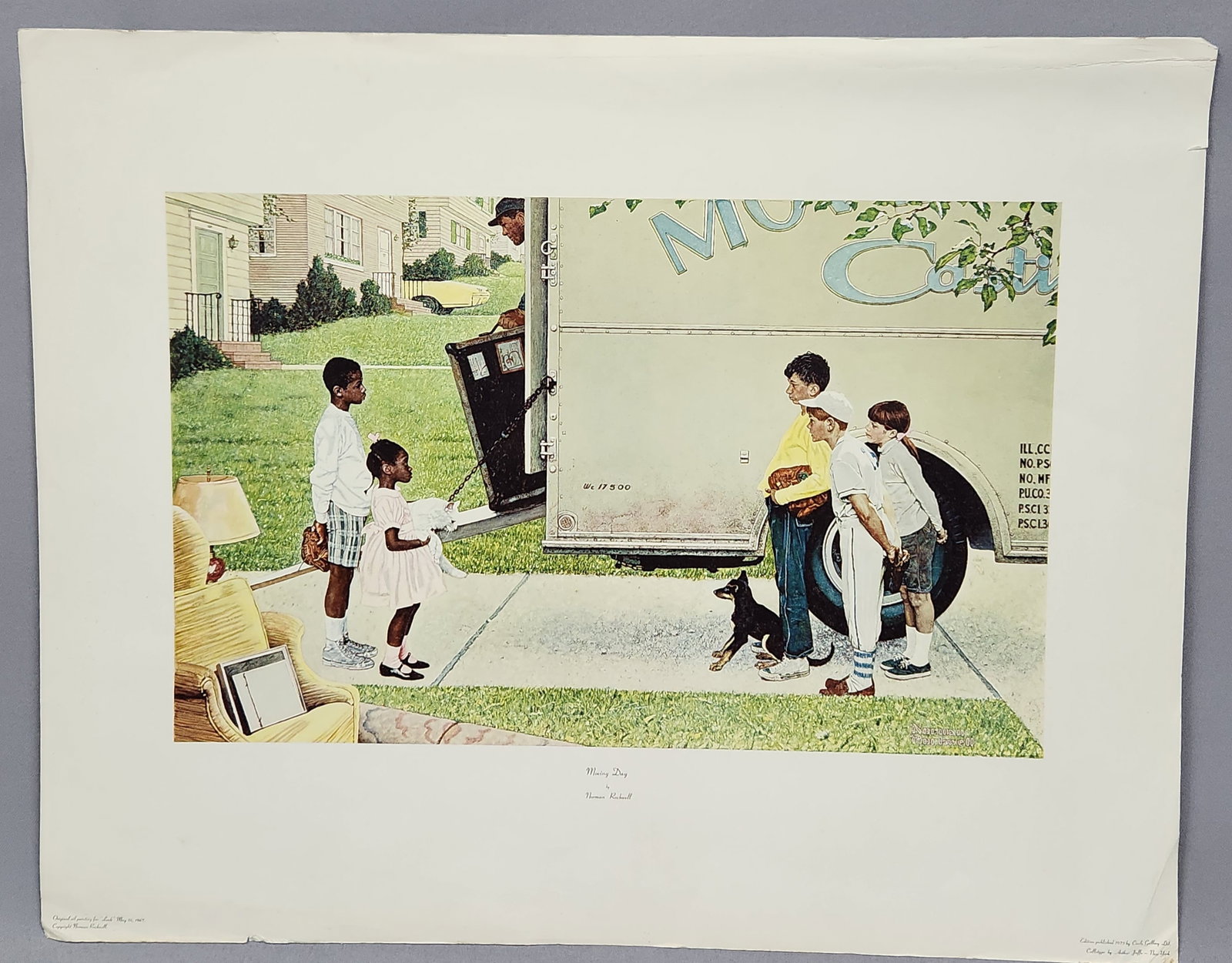 1973 Norman Rockwell Moving Day: This large-format collotype print reproduces Norman Rockwell's 1967 painting titled Moving Day, which was originally commissioned for the May 16, 1967, issue of Look magazine. The print was published 