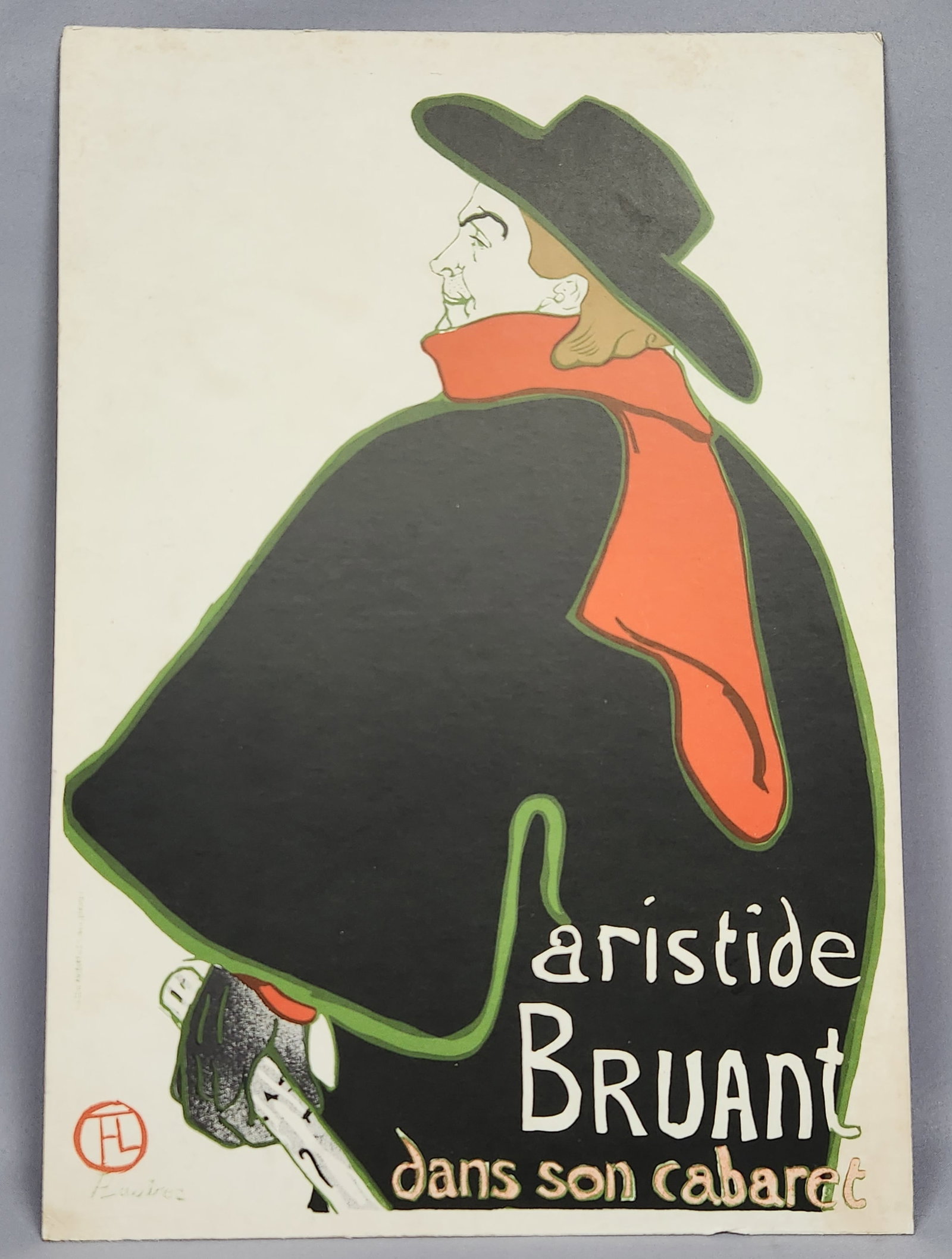 Henri de Toulouse-Lautrec Aristide Lithograph: A lithograph poster titled Aristide Bruant dans son cabaret by Henri de Toulouse-Lautrec with a printer mark for Imp. Edw. Ancourt and Cie, Paris, measuring approximately 26 by 18 inches. Good