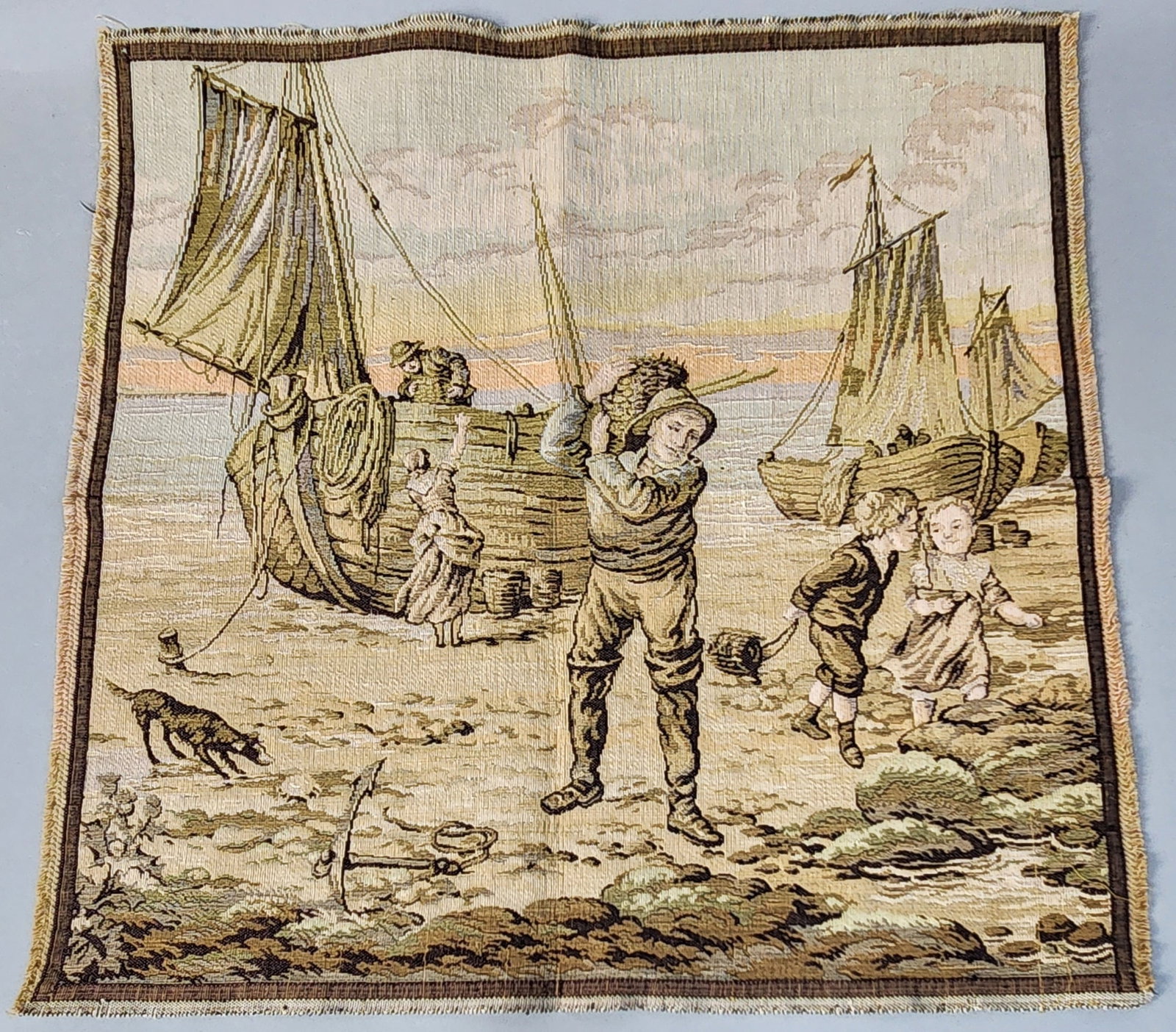 Machine-Woven Jacquard Tapestry Panel: This is a machine-woven jacquard tapestry panel featuring a representational maritime coastal scene. Dimensions: Approximately 20 inches (W) x 19 inches (H). The tapestry is in good overall condition.