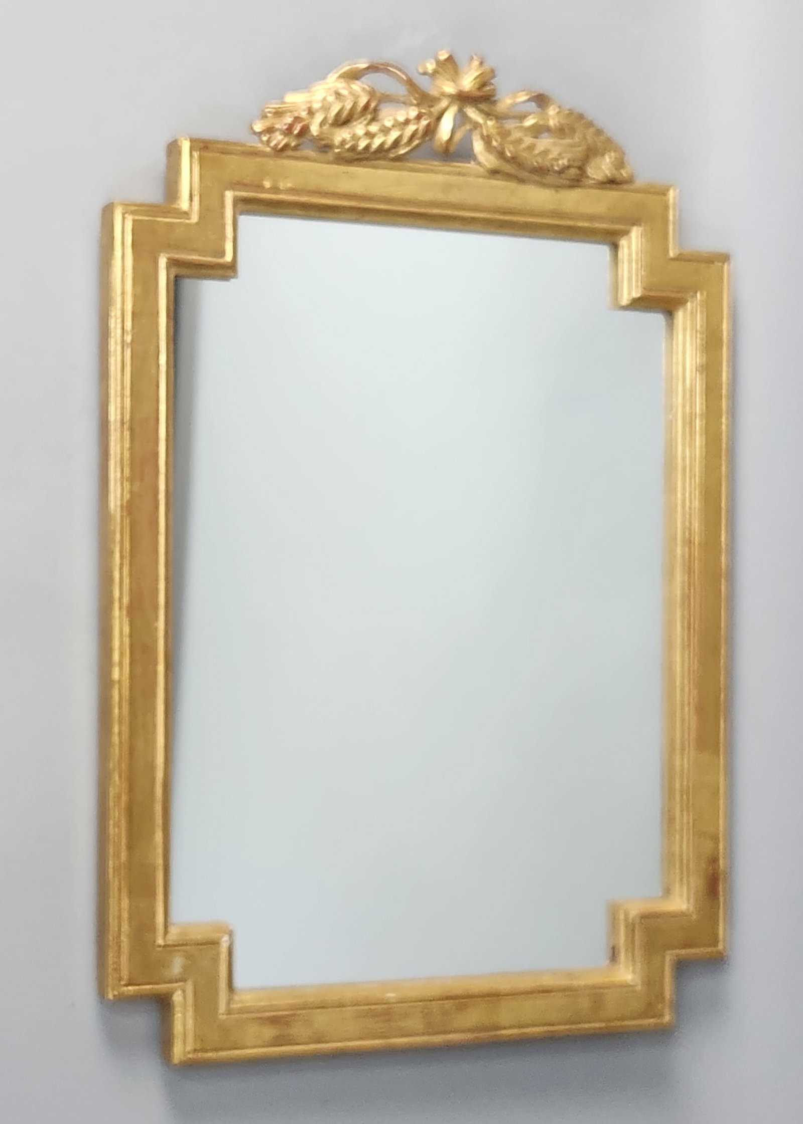 LaBarge Italian Giltwood Mirror #2155: A rectangular wall mirror manufactured by LaBarge of Holland, Michigan, model number 2155. Dimensions: 20.25 x 13.5 x 1.5 inches. The mirror is in good overall condition. There is visible wear and min