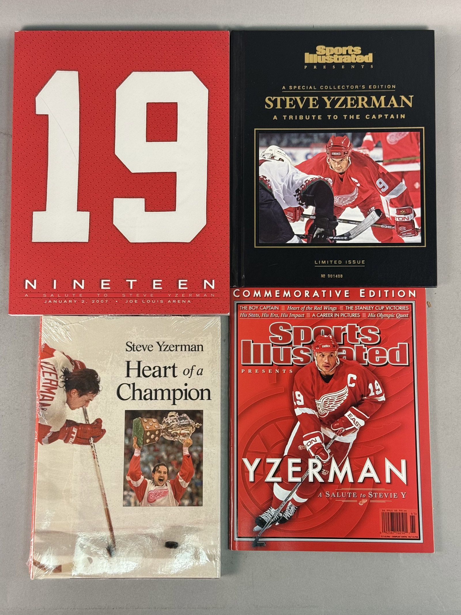 Steve Yzerman Detroit Red Wings Publications: A collection of commemorative publications celebrating the professional hockey career of Detroit Red Wings captain Steve Yzerman. The group includes NINETEEN: A Salute to Steve Yzerman, a program from