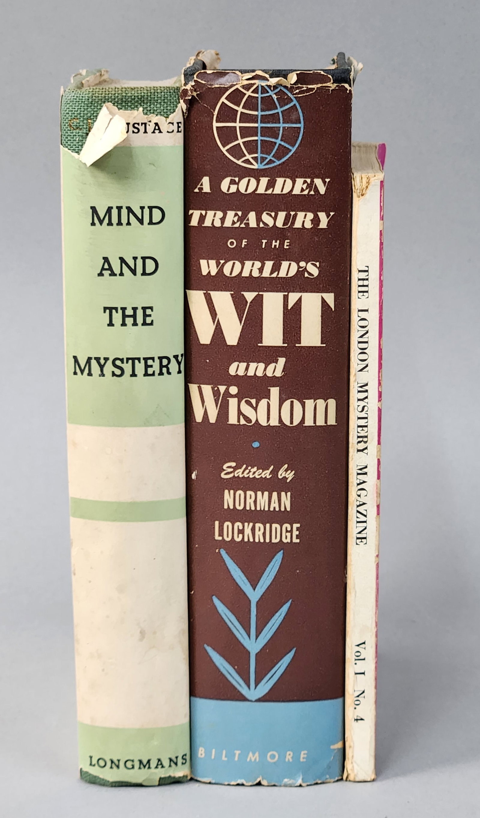 Eustace, C. J. et al. Vintage Literary & Mystery Volumes: This collection includes three mid-20th-century publications: two hardcover books with their original dust jackets and one softcover periodical. The first hardcover is Mind and the Mystery: The Cathol