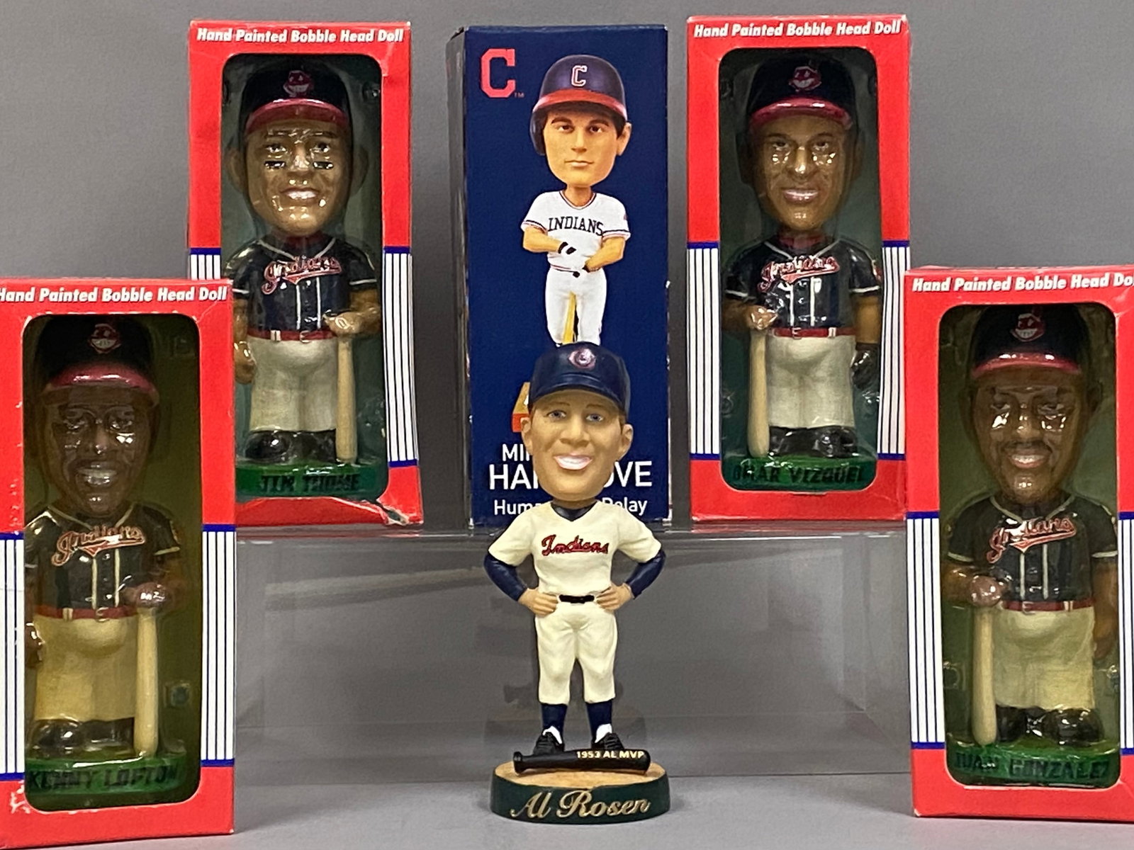 6 Cleveland Indians Bobbleheads Inc Al Rosen: A group of 6 professional baseball bobblehead dolls representing the Cleveland Indians franchise. The collection includes figures in original red and white Hand Painted Bobble Head Doll cardboard