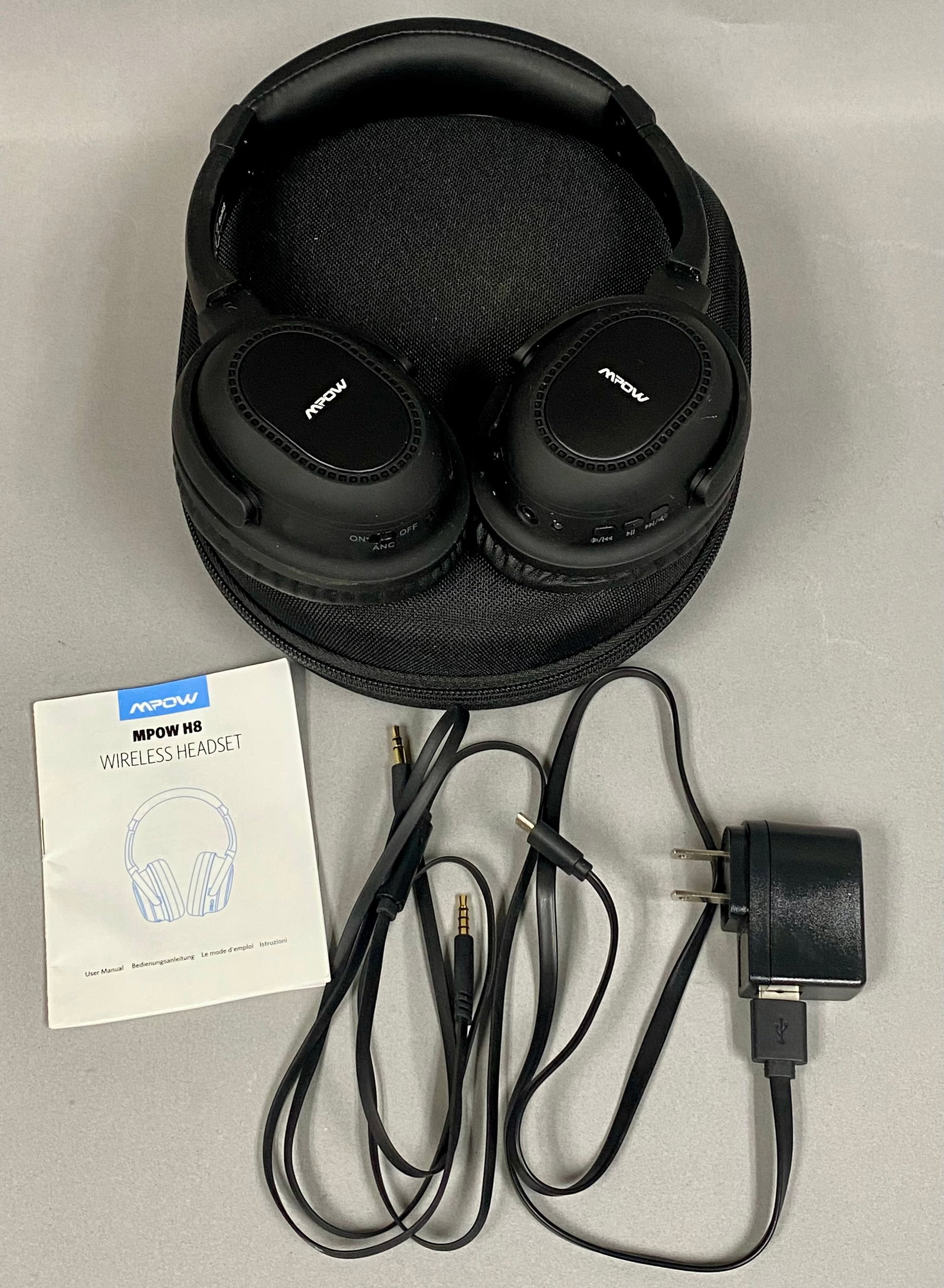 Mpow H8 Wireless Active Noise Cancelling Headphones: This lot features an Mpow H8 wireless headset finished in matte black. The over-ear design incorporates active noise-cancelling (ANC) technology, operated via a dedicated toggle switch on the left ear