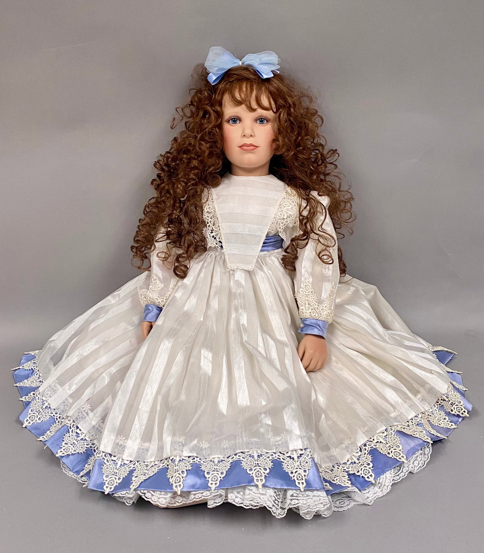 Virginia Turner Limited Edition Ruth Doll: Large-scale artist collector doll identified as Ruth, designed by Virginia E. Turner. This is a limited edition piece, numbered 75 out of 280 produced. The doll is constructed with a vinyl head, arms,