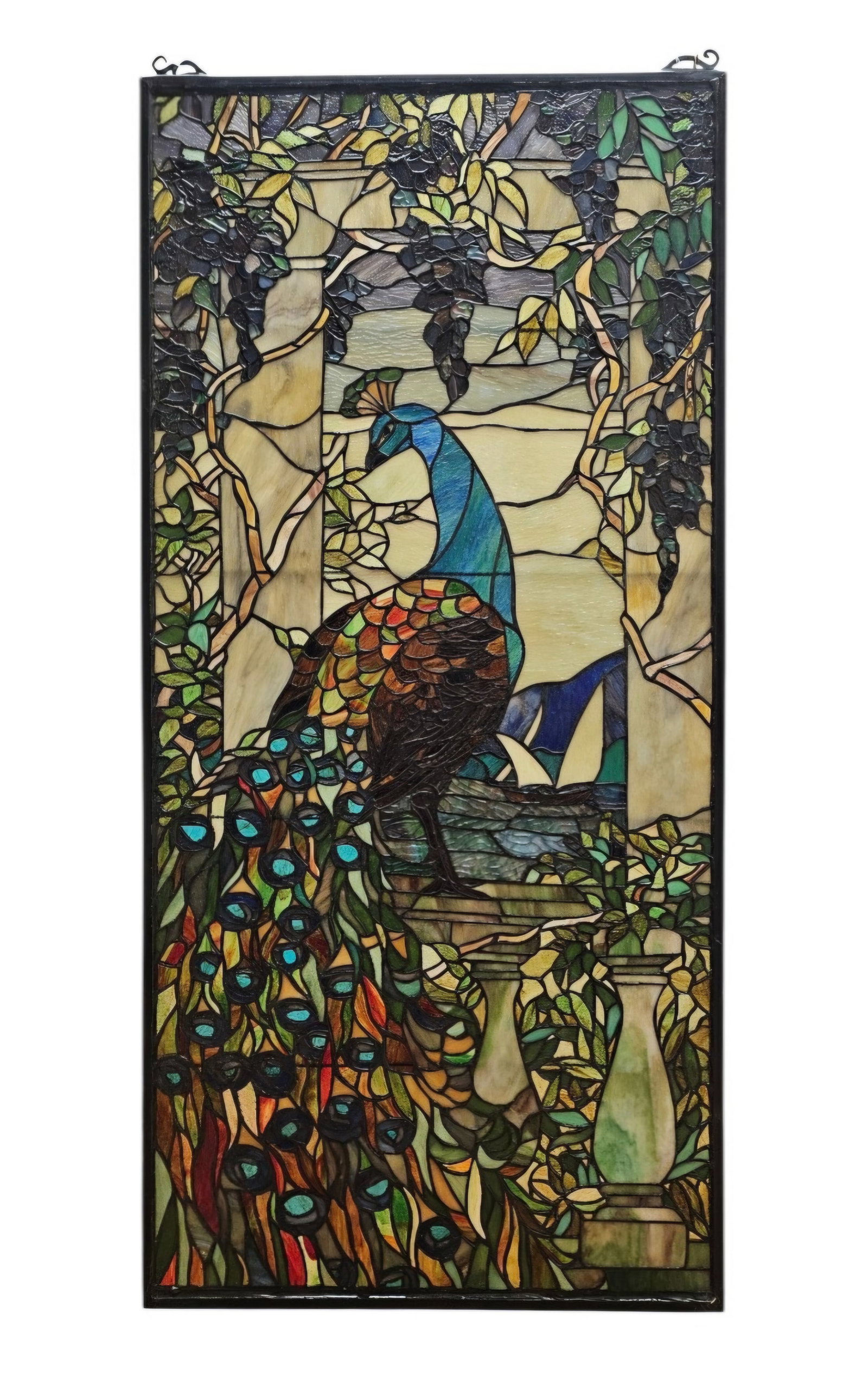 Tiffany Style Stained Glass Window Peacock & Wisteria: This is an heirloom-quality Tiffany-style-stained glass window panel depicting the world- renowned "Peacock and Wisteria" motif and is estimated to have over 600 individual pieces. It mimics Tiffany��