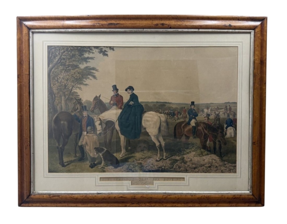 J. F. Herring Fox Hunting: The Meet Engraving: This large-format hand-colored engraving with aquatint depicts The Meet from the Fox Hunting series after John Frederick Herring, Sr. A distinct rectangular plate mark is visible around the perimeter 