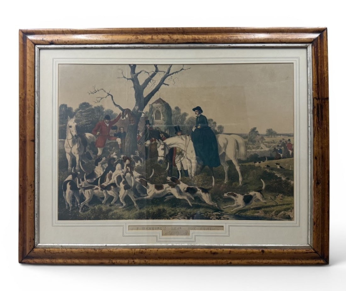 J. F. Herring Fox Hunting: The Death Engraving: This nineteenth-century hand-colored aquatint and engraving is after John Frederick Herring Sr. (British, 1795 to 1865), titled The Death from a fox hunting series. The lower margin is inscribed with