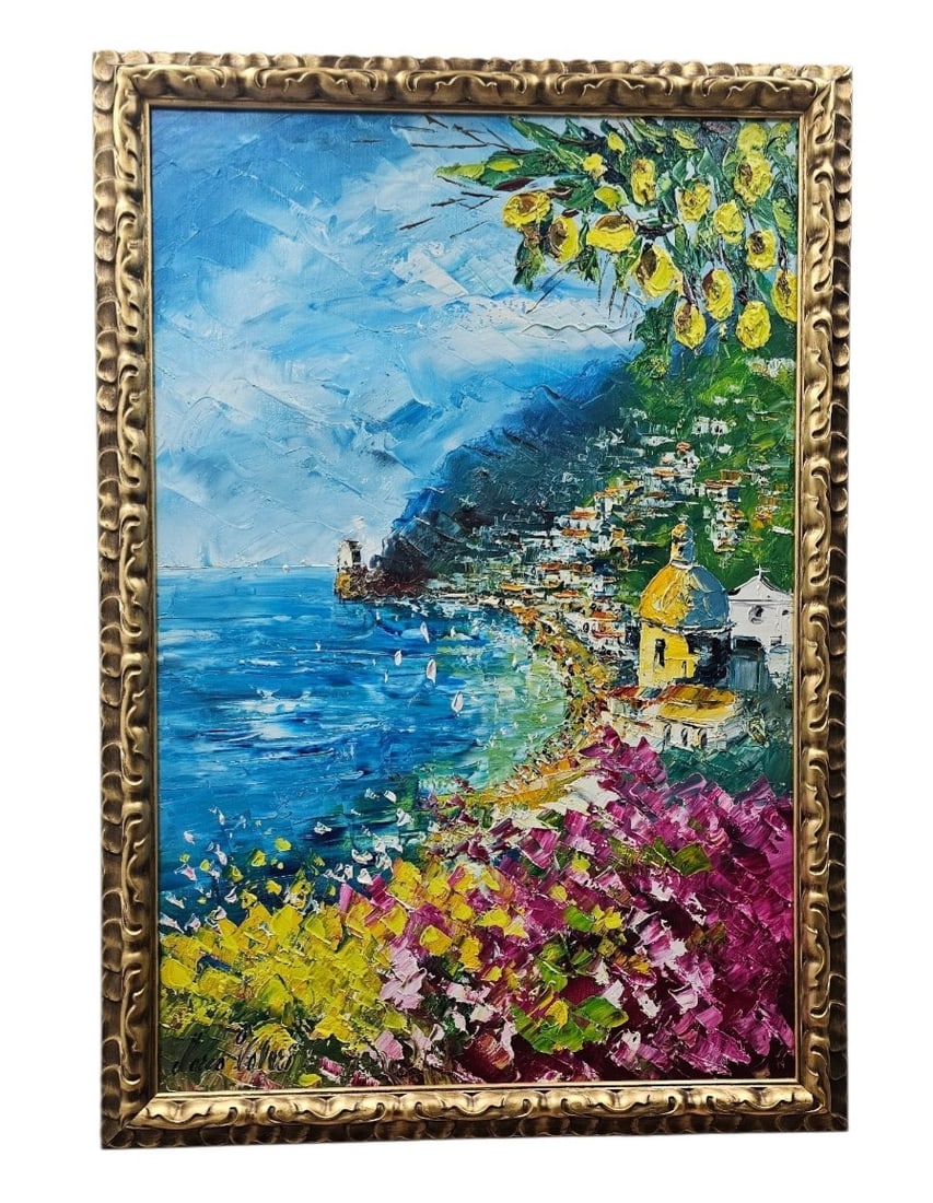 Marco Valeri Positano Coastal Landscape: Marco Valeri (Italian, contemporary). This original oil on stretched canvas titled Positano Costiera Amalfitana is dated 2023 and depicts a vibrant hillside scene on the Amalfi Coast. The work