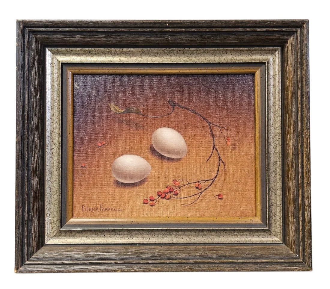 Patrick Farrell Still Life with Eggs: Patrick Farrell (American, 1940-2016) executed this oil on board titled Still-Life with Eggs in 1972. The composition features two eggs and a fruiting vine rendered in a precise realist style against 