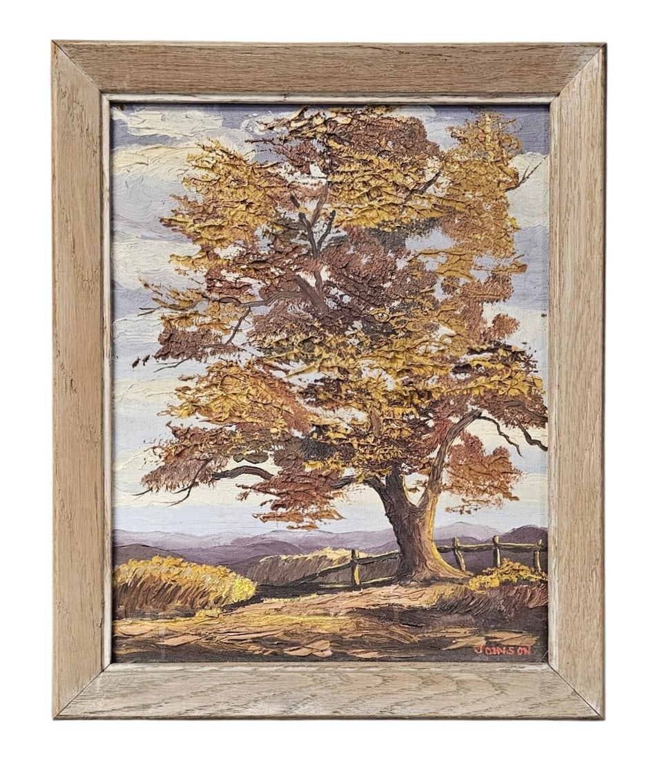 Johnson, Impasto Autumnal Landscape: Signed Johnson in red at the lower right. This autumnal landscape is rendered in a heavy impasto oil on stretched canvas, featuring a central gnarled tree with ochre foliage set against a post-and-rai