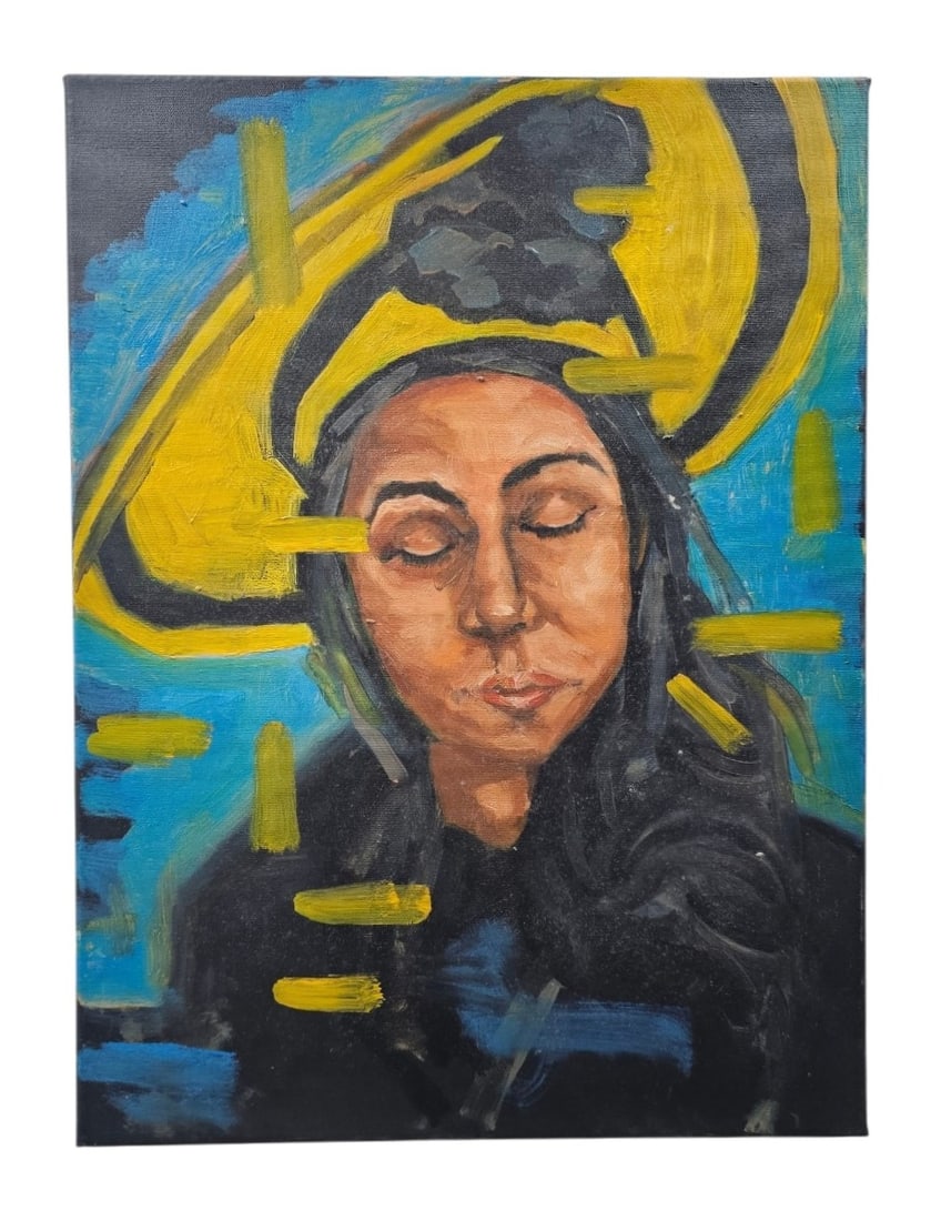 Contemporary Expressionist Portrait Oil Painting: This contemporary expressionist work is executed in oil on a stretched canvas support. The composition features a portrait with closed eyes rendered in warm tones against a dark background with vibran