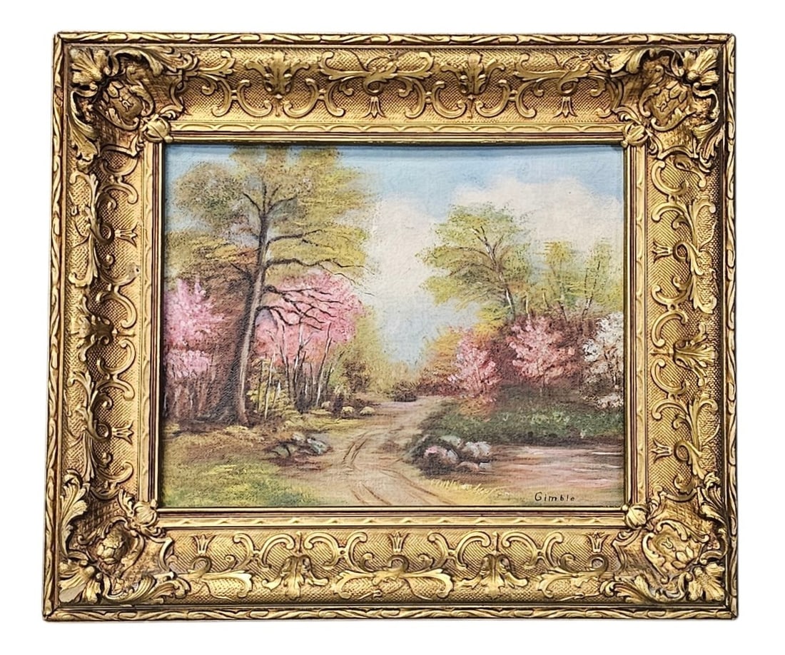 Gimble Spring Landscape Oil Painting: An oil painting on board by Gimble depicting a winding dirt path through a landscape of budding trees and pink blossoms. The work is rendered with textured brushwork and is signed in the lower right c