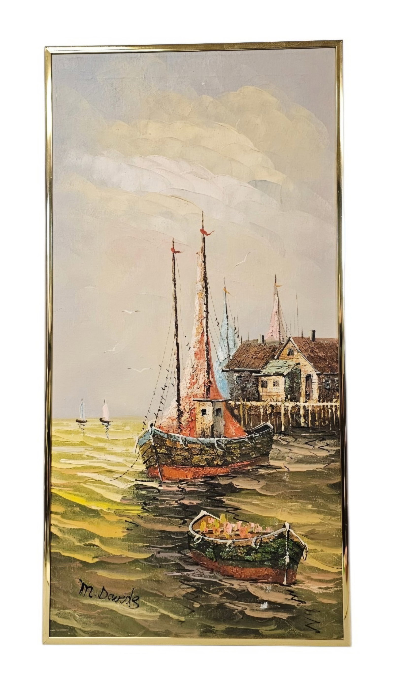 M. Davids Nautical Harbor Oil Painting: This oil on canvas by M. Davids depicts a nautical harbor scene with docked sailboats and wharf-side buildings. The work is executed in a mid-century modern decorative style using heavy palette knife 