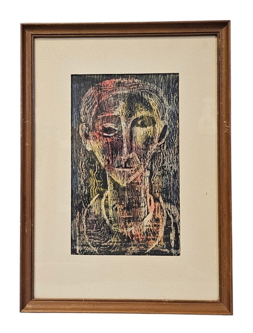 W. Allen 'Abstract Dual Portrait' (Signed): This mid-century expressionist print on paper by W. Allen is rendered with heavy, textured linework in a palette of ochre, sienna, and black. The work is signed W. Allen in white at the lower left and