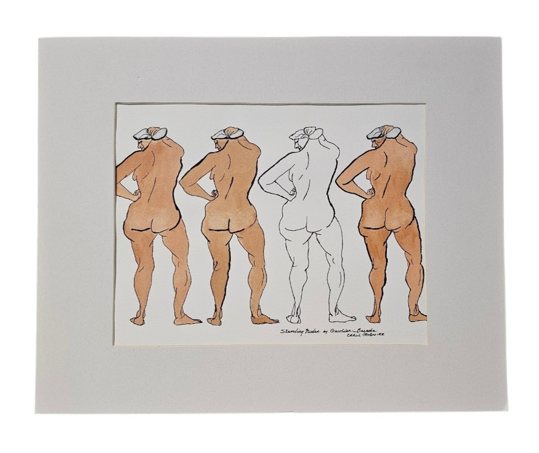 Carol McGuire Standing Nudes Watercolor: This work by Carol McGuire features several modernist figures executed in watercolor and ink on heavy-weight textured paper. The composition depicts stylized female nudes rendered with bold black outl