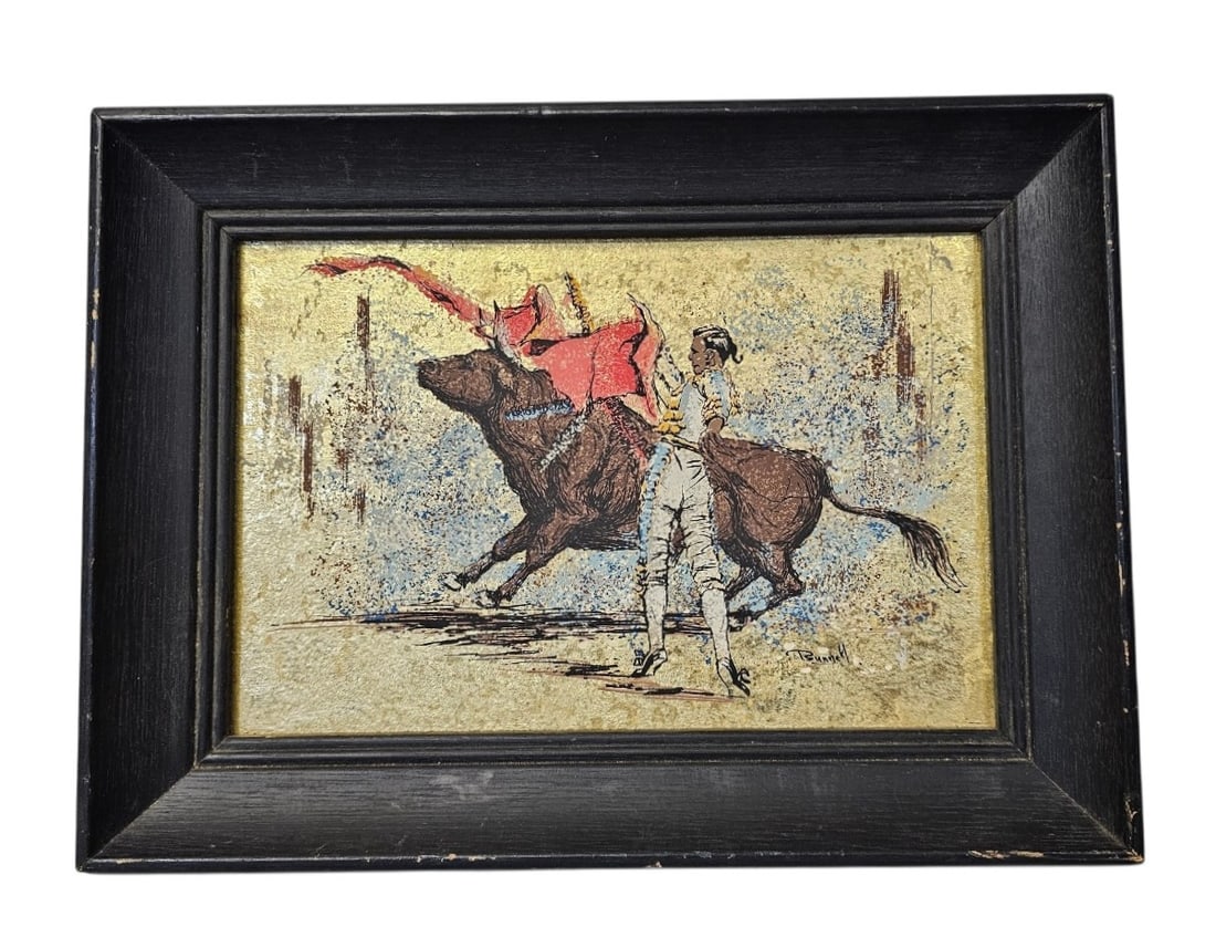 James Bunnell Bullfighter Mixed Media Print: This mixed media print on board by James Bunnell depicts a bullfighting scene with a matador and bull in a mid-century modernist style. The composition features black ink line work and splattered pain