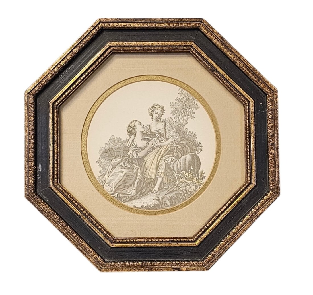 Rococo Pastoral Print: This circular decorative print by WallDecor depicts a romantic pastoral scene in the Rococo style, featuring two figures within a garden setting. The print is housed in an octagonal frame finished in 